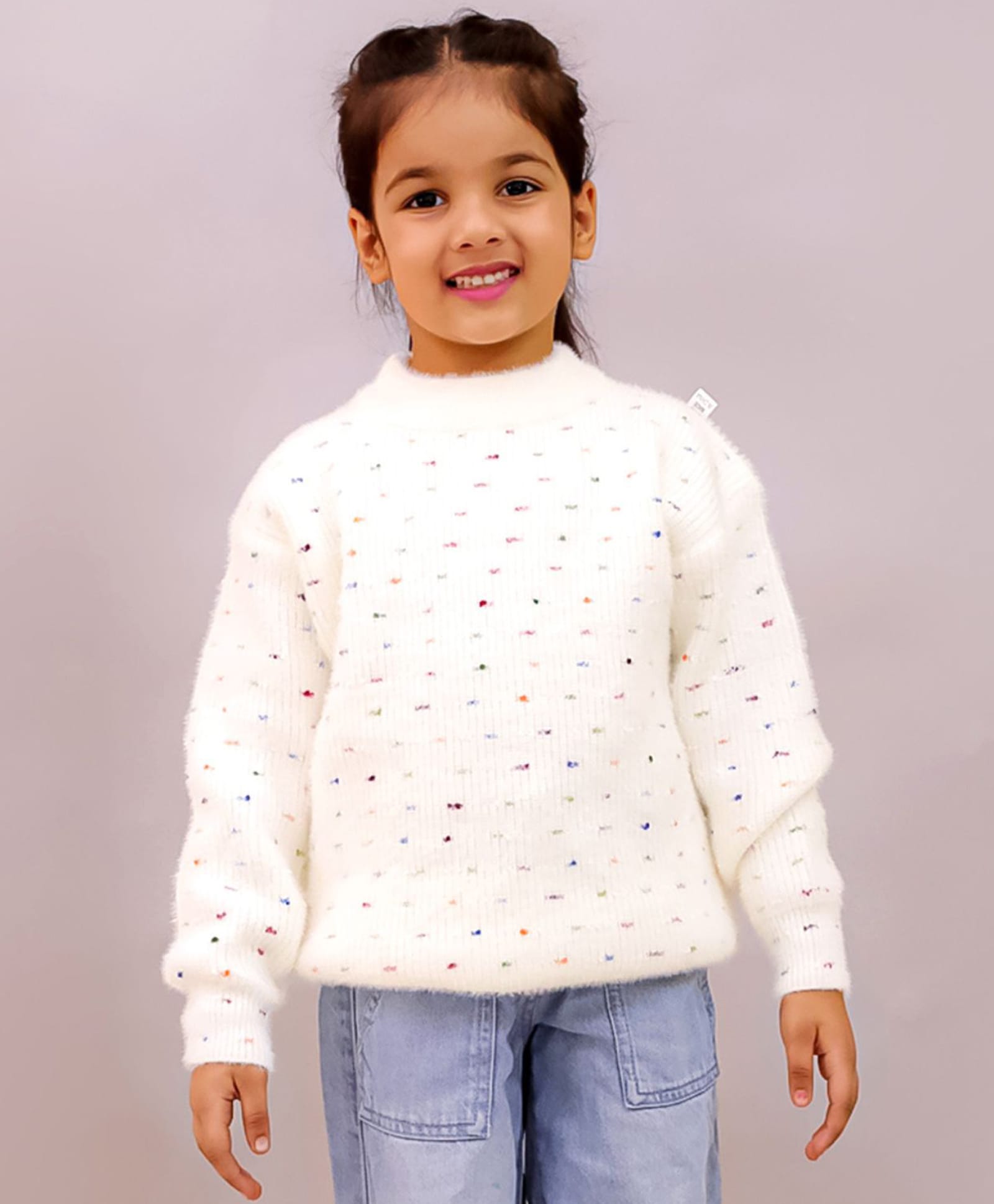 Little Ginnie Woollen Woven Full Sleeves Abstract Designed Sweater - White-picture-38