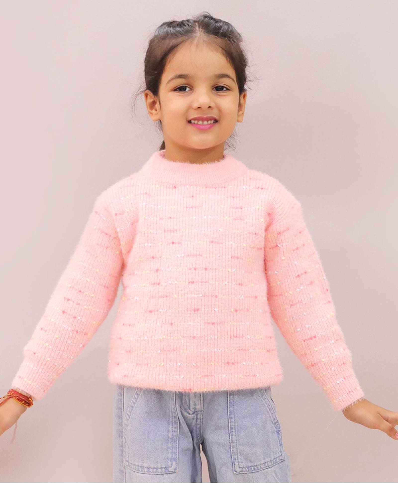 Little Ginnie Woollen Woven Full Sleeves Abstract Designed Sweater - Pink-picture-25