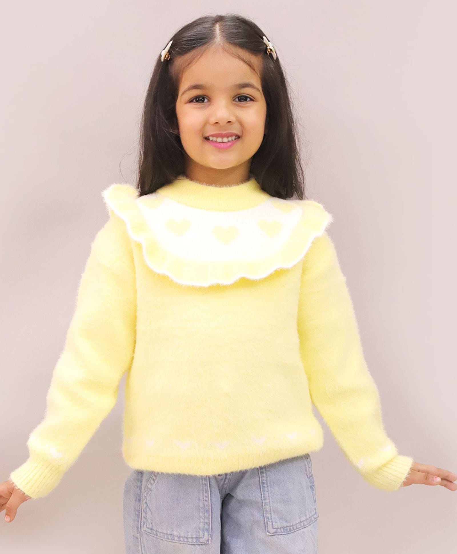 Little Ginnie Woollen Woven Full Sleeves Heart Designed Sweater - Yellow-picture-23