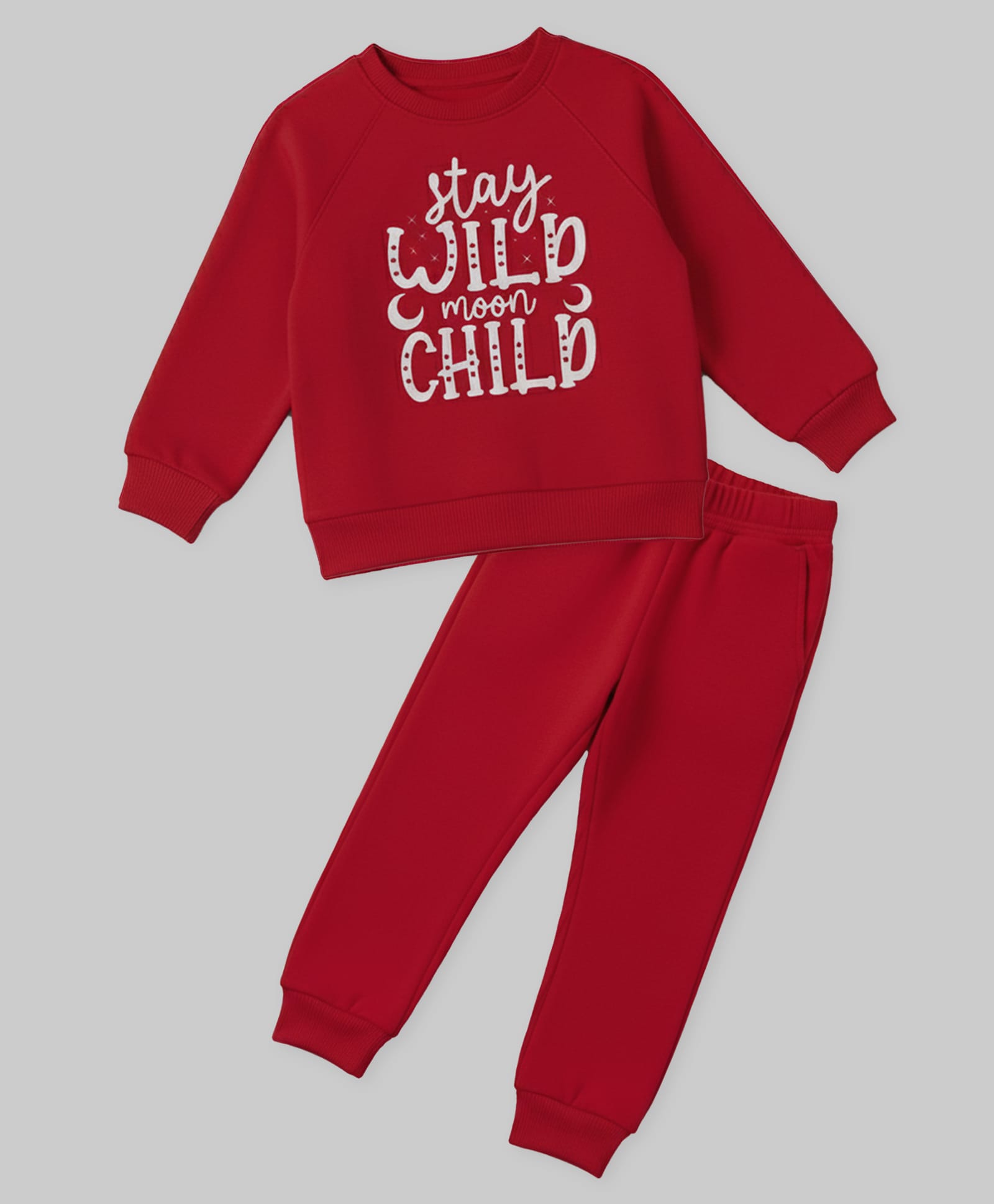 Little Ginnie Fleece Woven Full Sleeves Stay Wild Moon Child Text Printed Sweatshirt & Pants Set - Red-picture-26