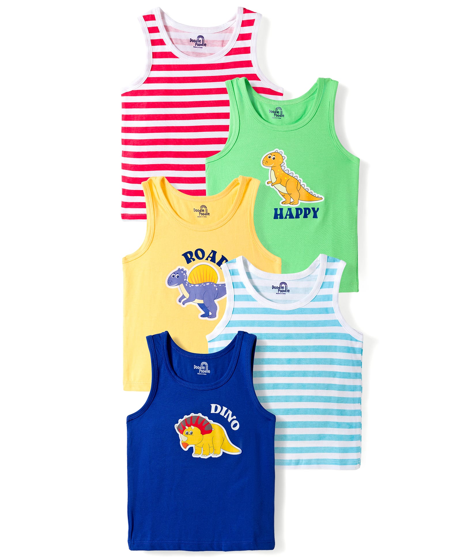 Doodle Poodle 100% Single Jersey Knit Sleeveless Vests With Dino Print Pack Of 5 - Multicolour-picture-10