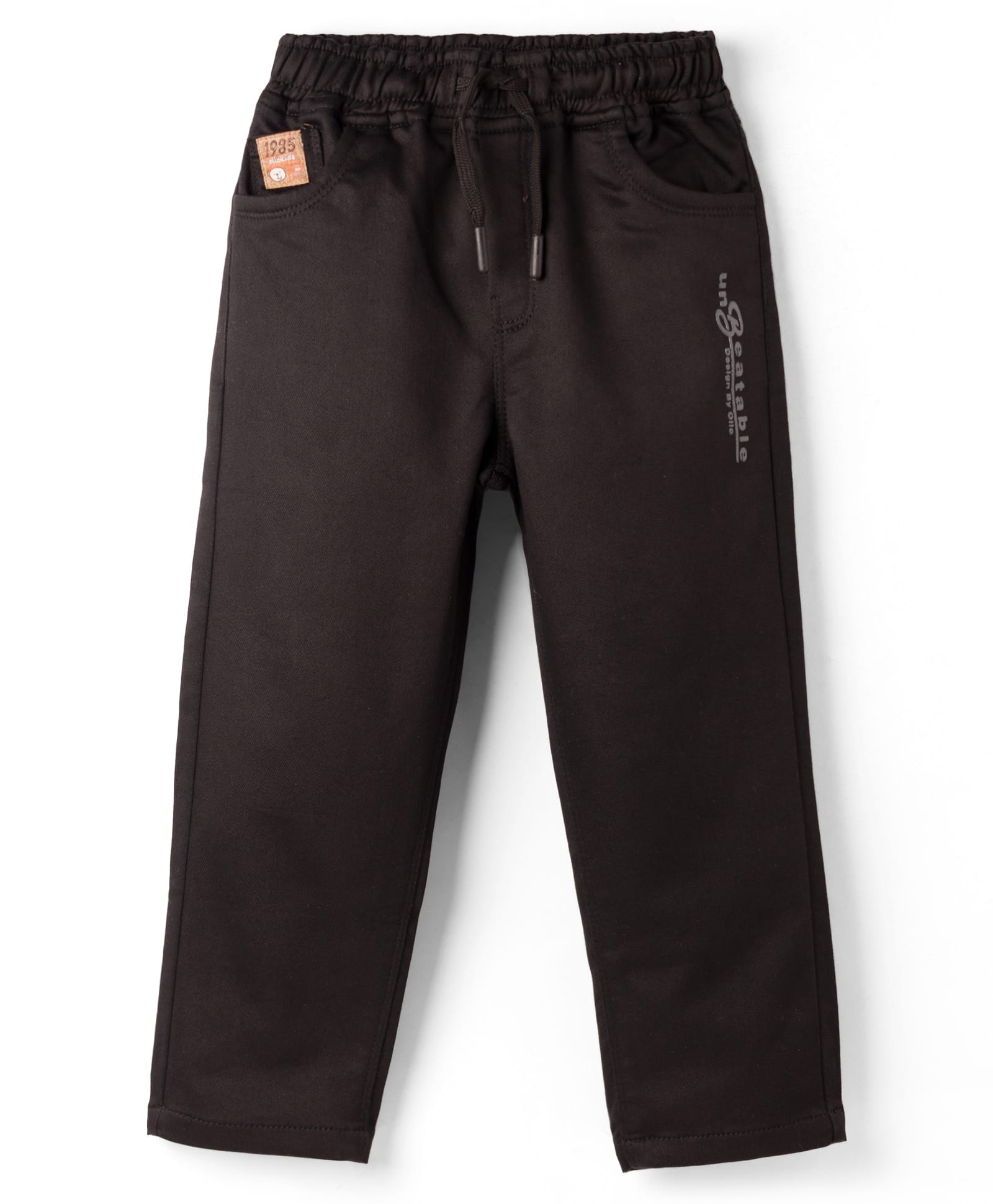 Olio Kids Cotton Woven Full Length Solid Trouser With Patch - Black-image-13