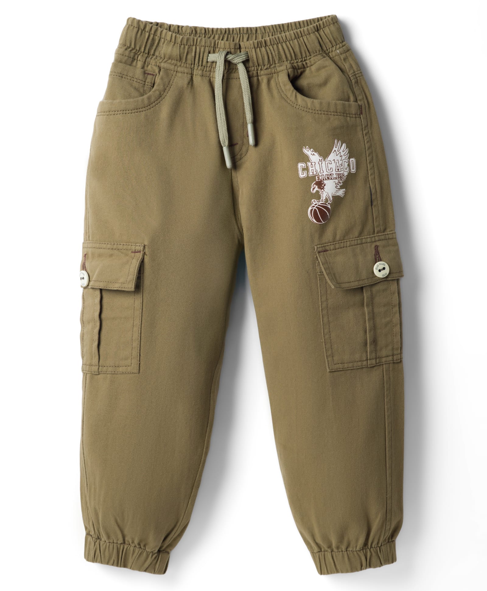Olio Kids Cotton Woven Full Length Eagle Printed Trouser - Light Olive Green-picture-28