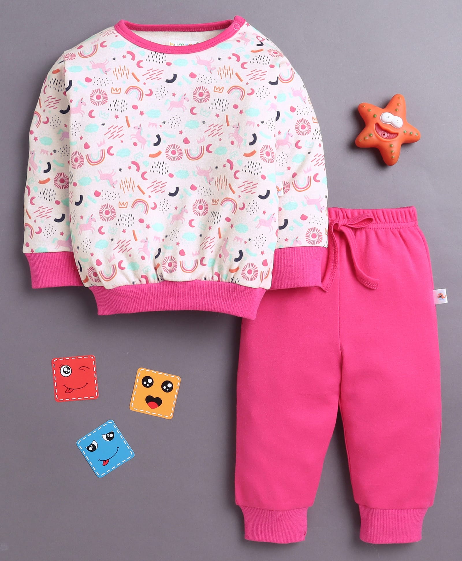 BUMZEE Cotton Knit Full Sleeves Unicorn & Rainbow Printed Night Suit Set - Baby Pink & Pink-image-47