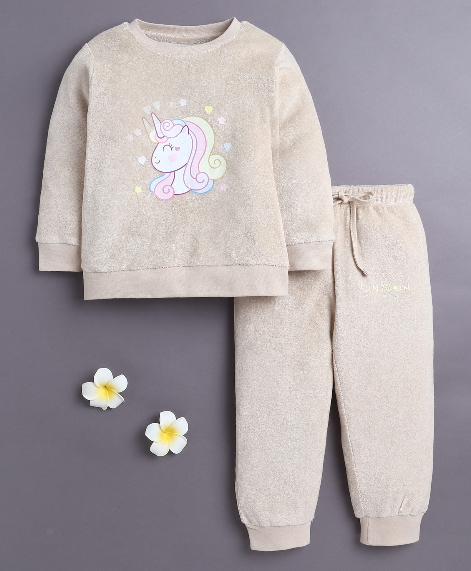 BUMZEE Cotton Knit Full Sleeves Unicorn Printed Sweatshirt & Joggers Set - Beige-picture-15