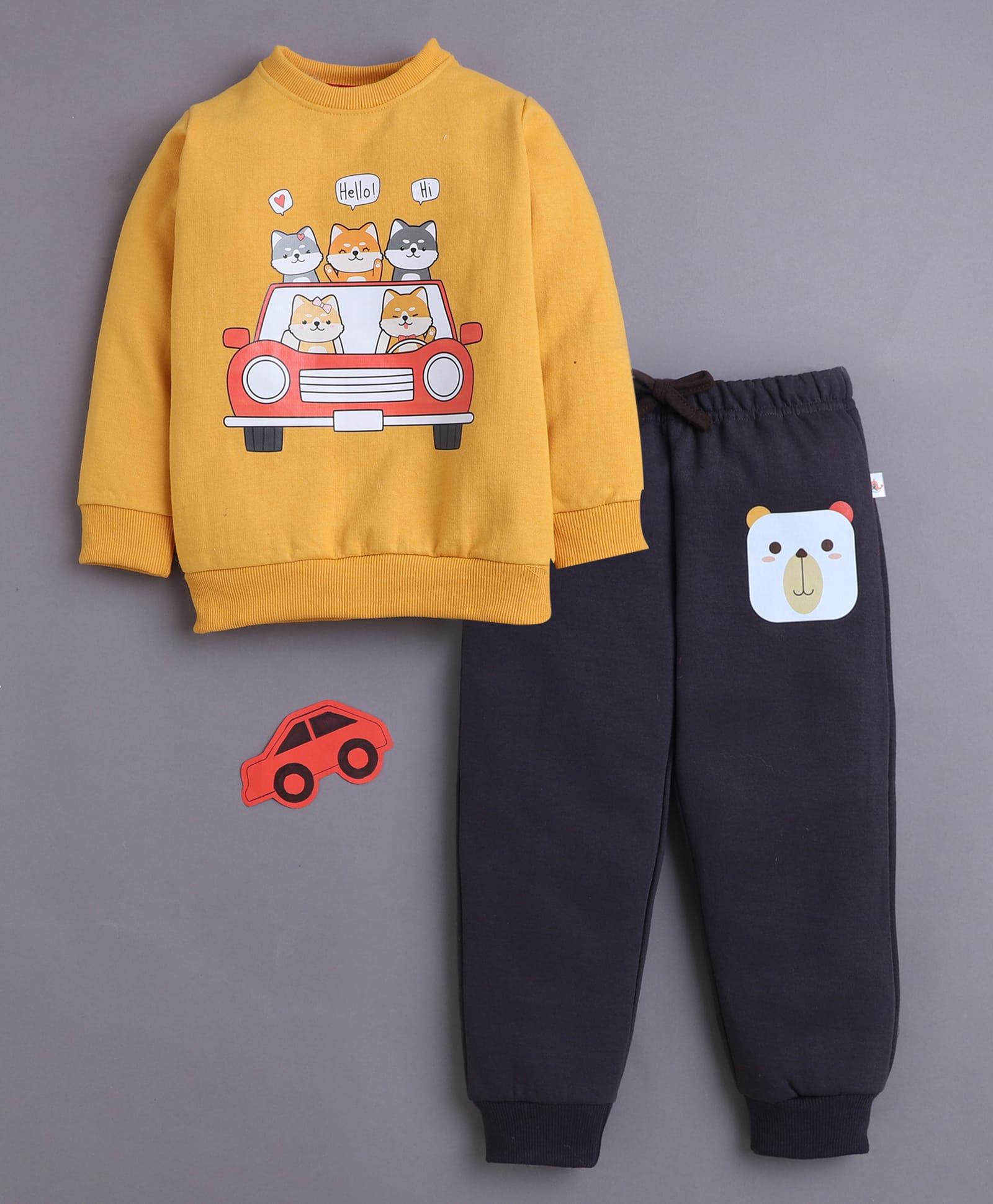 BUMZEE Fleece Knit Full Sleeves Cat Printed Sweatshirt & Joggers Set - Mustard & Brown-image-42