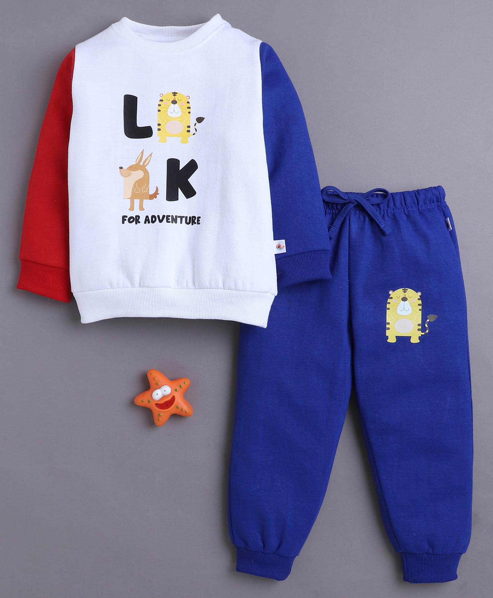 BUMZEE Fleece Knit Full Sleeves Animal Typography Printed Sweatshirt & Joggers Set - White & Blue-picture-28