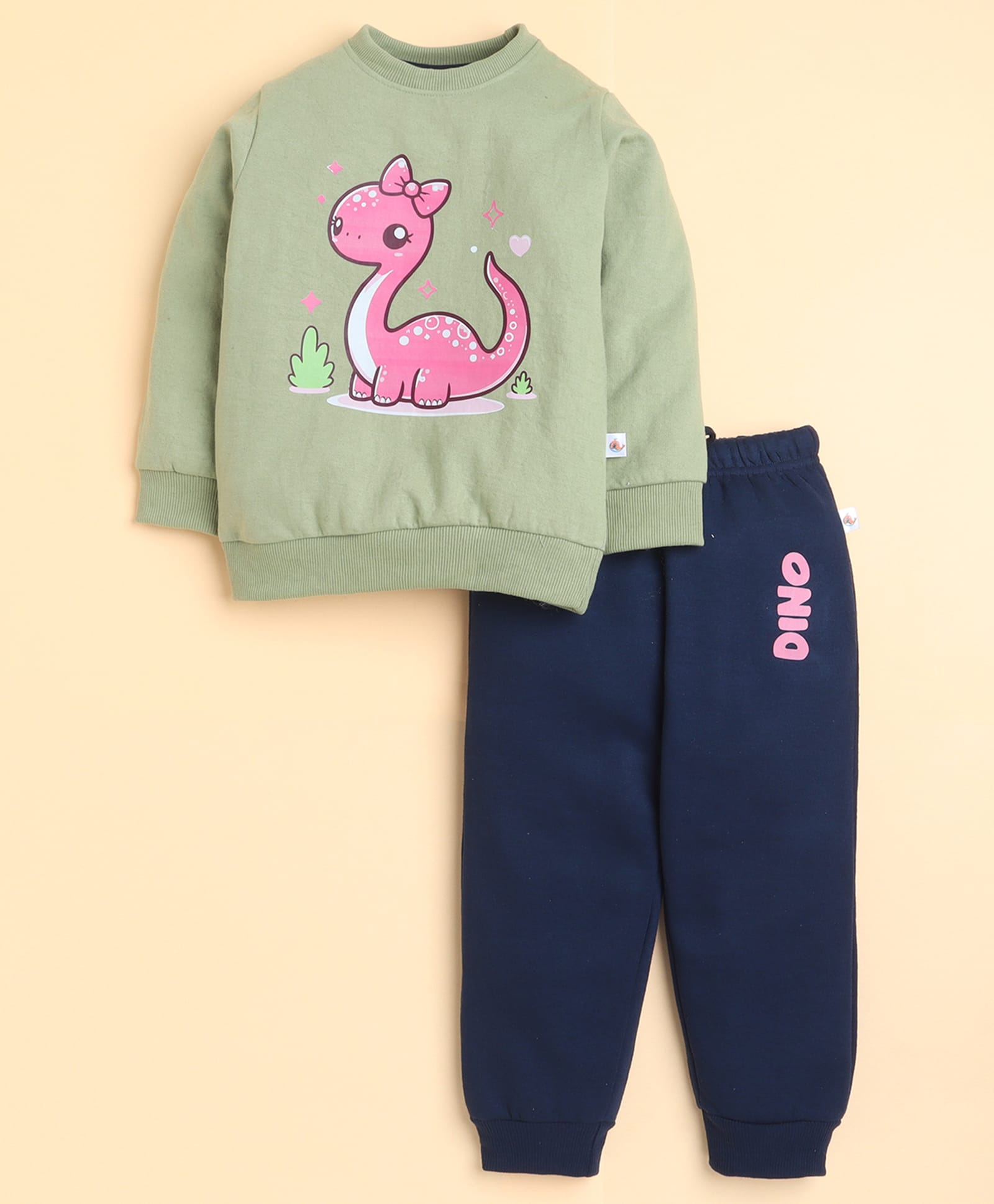 BUMZEE Fleece Knit Full Sleeves Dinosaur Printed Sweatshirt & Joggers Set - Green & Navy-picture-17
