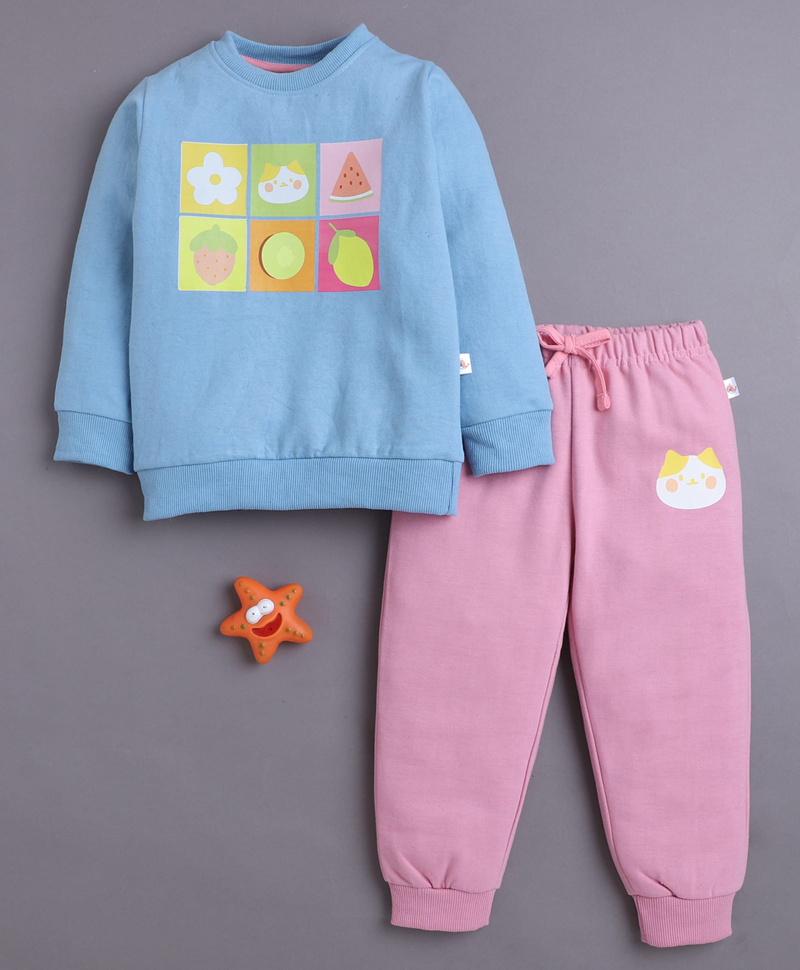 BUMZEE Fleece Knit Full Sleeves Fruits & Cat Printed Sweatshirt & Joggers Set - Blue & Pink-image-3