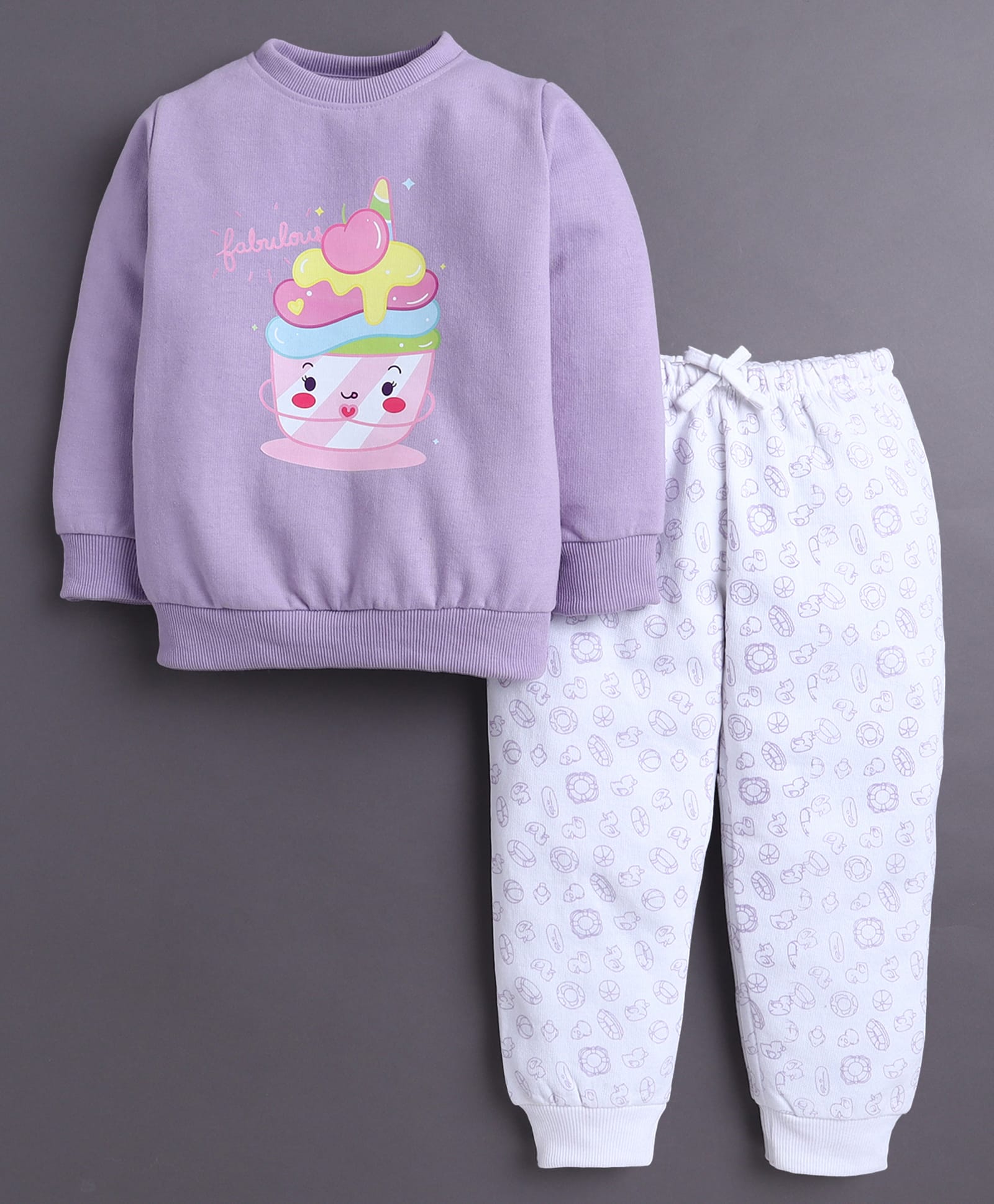 BUMZEE Fleece Full Sleeves Icecream & Duck Print Sweatshirt & Jogger Set - Lavender & White-image-18