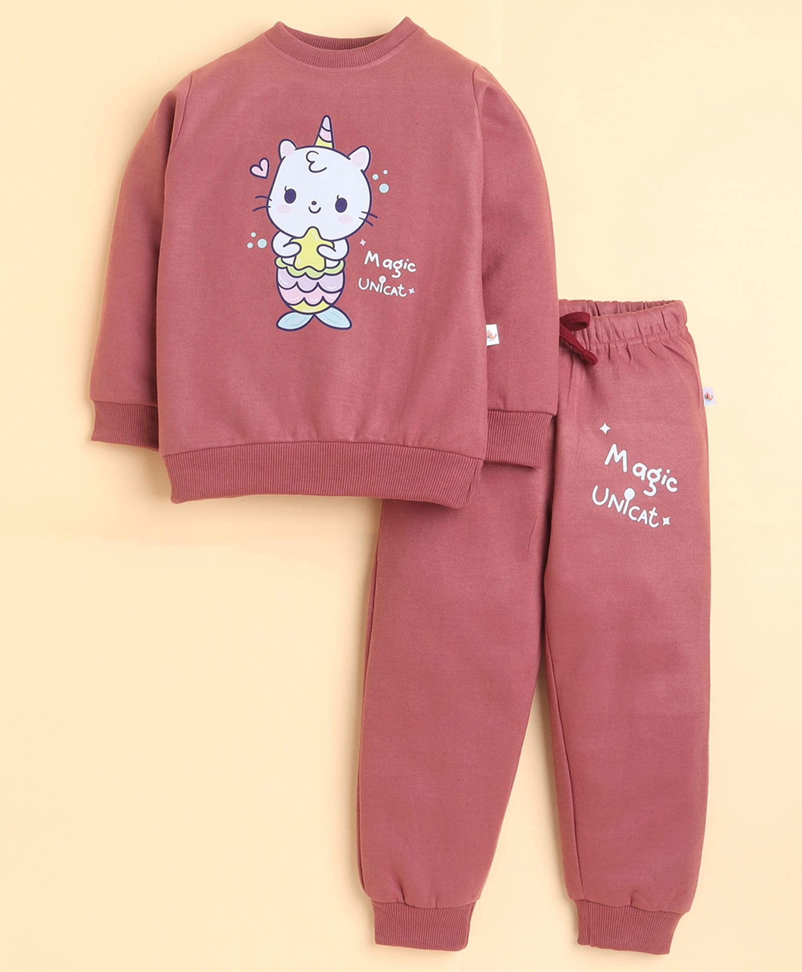 BUMZEE Fleece Knit Full Sleeves Unicorn & Cat Printed Sweatshirt & Joggers Set - Brick Red-image-32