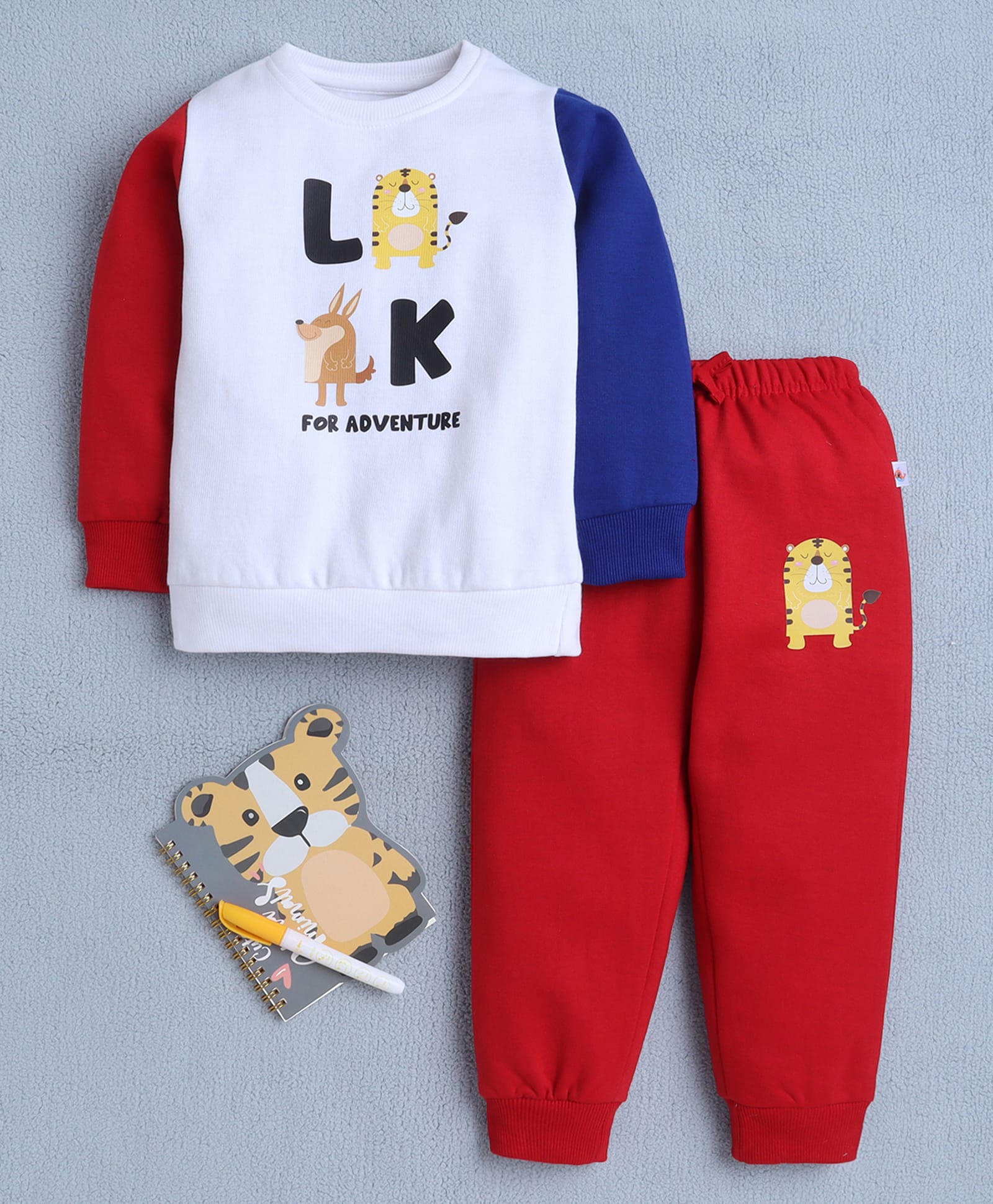 BUMZEE Fleece Knit Full Sleeves Animal Printed Winter Sweatshirt & Jogger Set - White & Red-picture-24