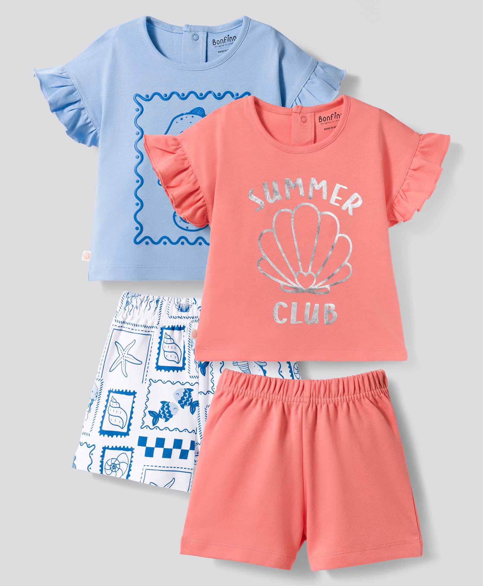 Bonfino 100% Cotton Knit Sea Life Printed Half Sleeves T-Shirts & Shorts Night Suits Pack of 2 - Peach & Light Blue-image-25