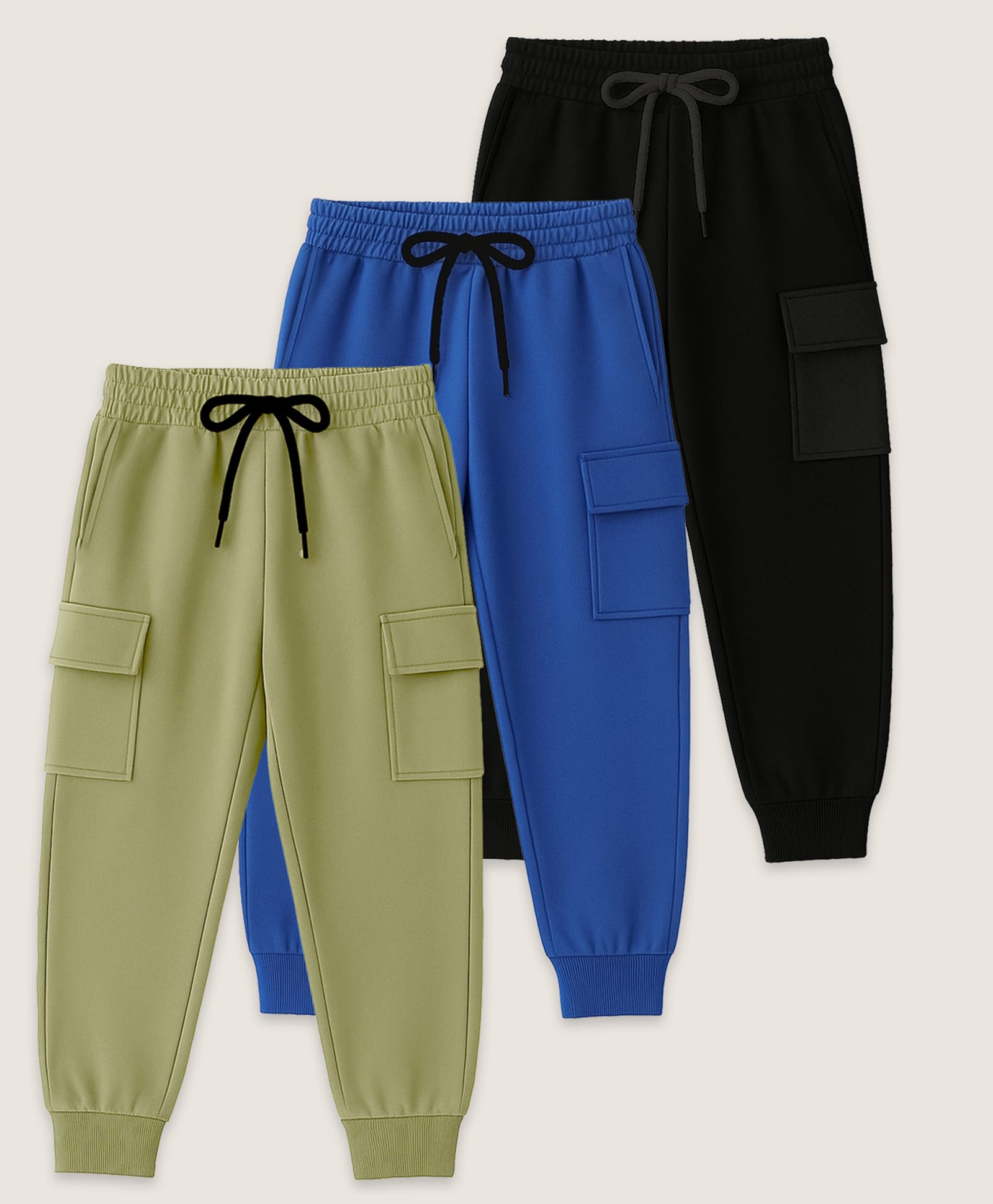 KUCHIPOO Cotton Blend Knit Pack Of 3 Solid Cargo Trackpants - Multi Colour-image-2