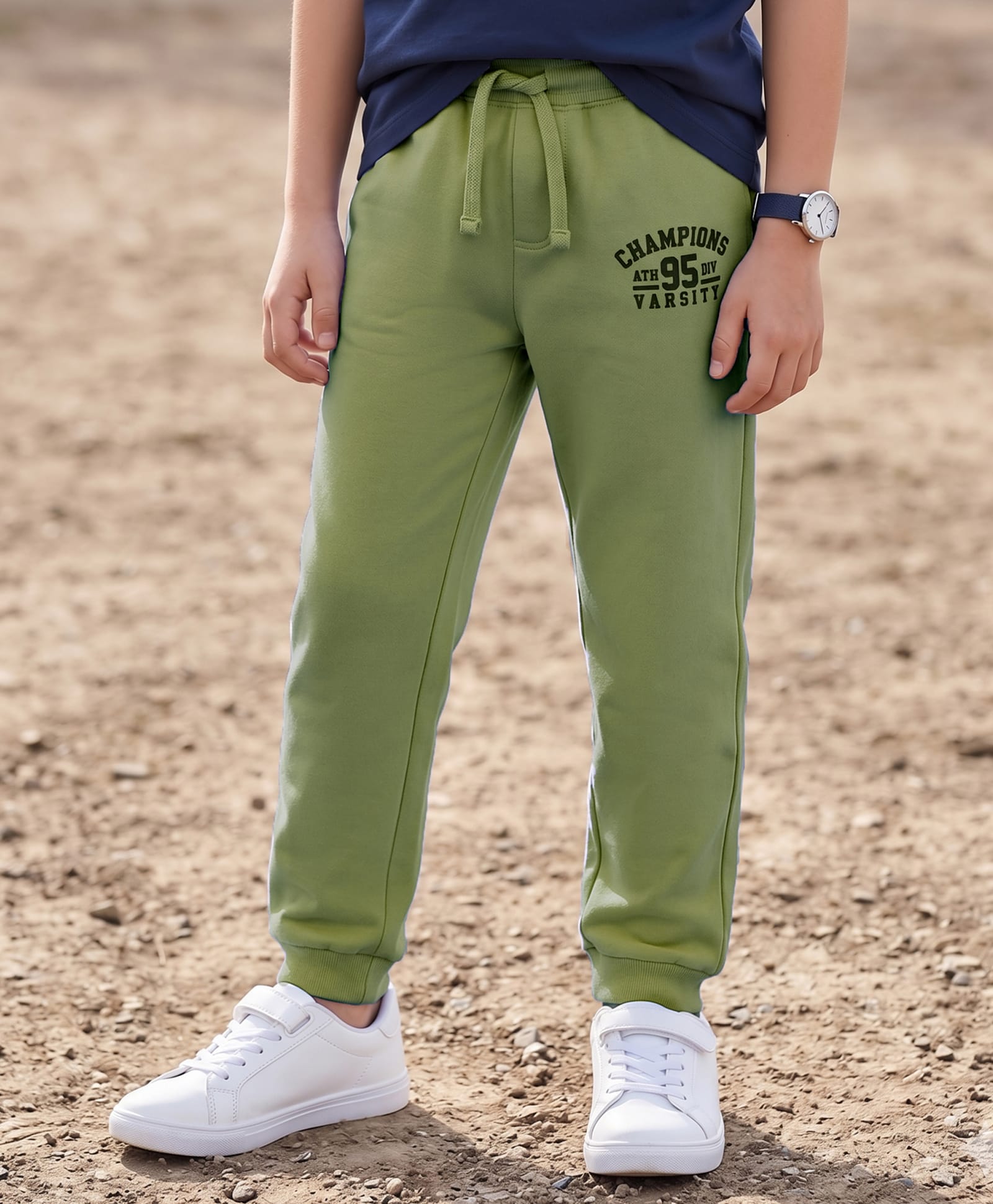 kookie kids india Kookie Kids Terry Knit Full Length Lounge Pant with Text HD Print - Olive Green-picture-11
