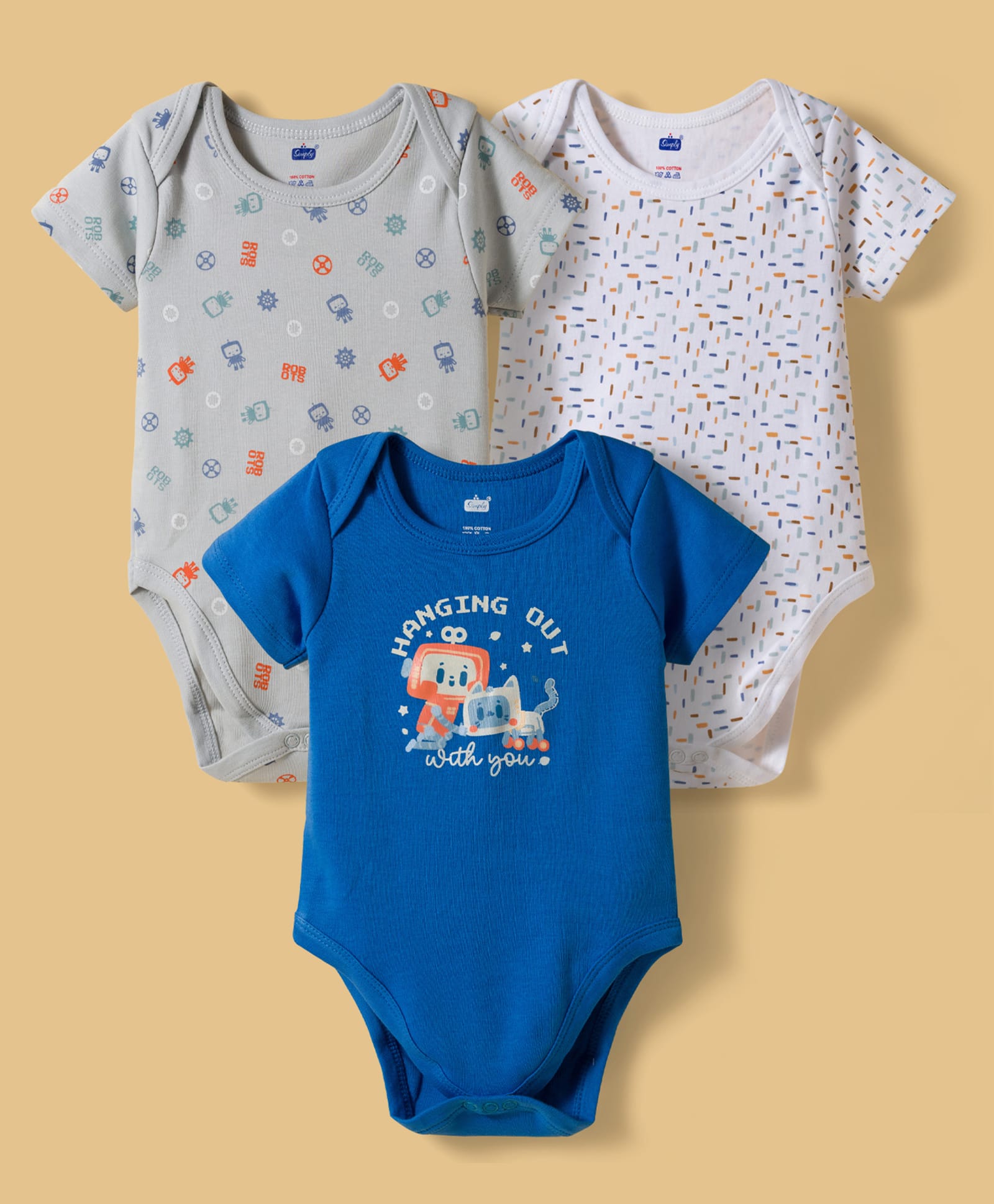 Simply Interlock Knit Half Sleeves Onesies with Robo Print Pack of 3 - White Blue & Grey-image-1