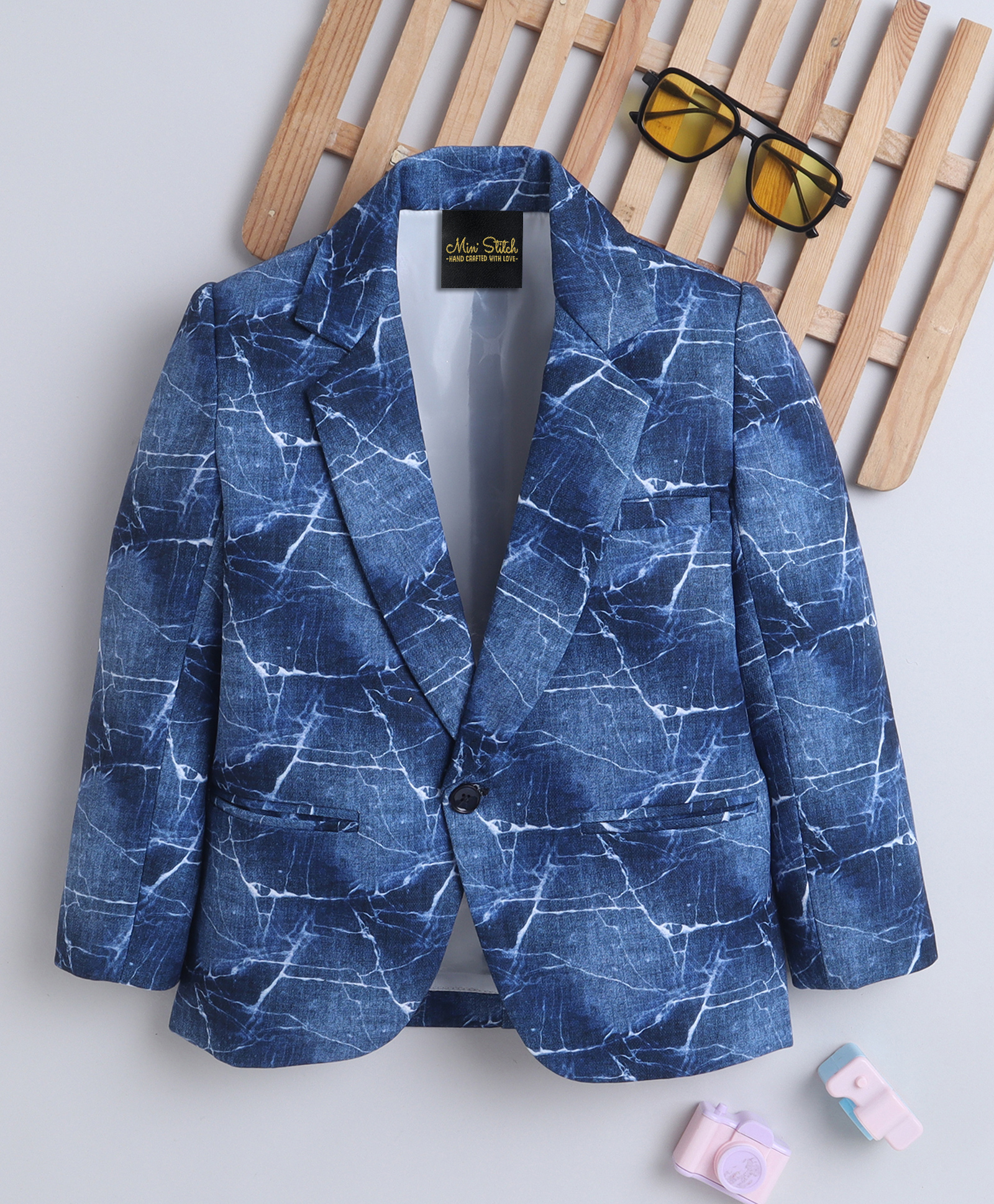 Ministitch Cotton Woven Full Sleeves Abstract Printed Blazer - Blue-image-17
