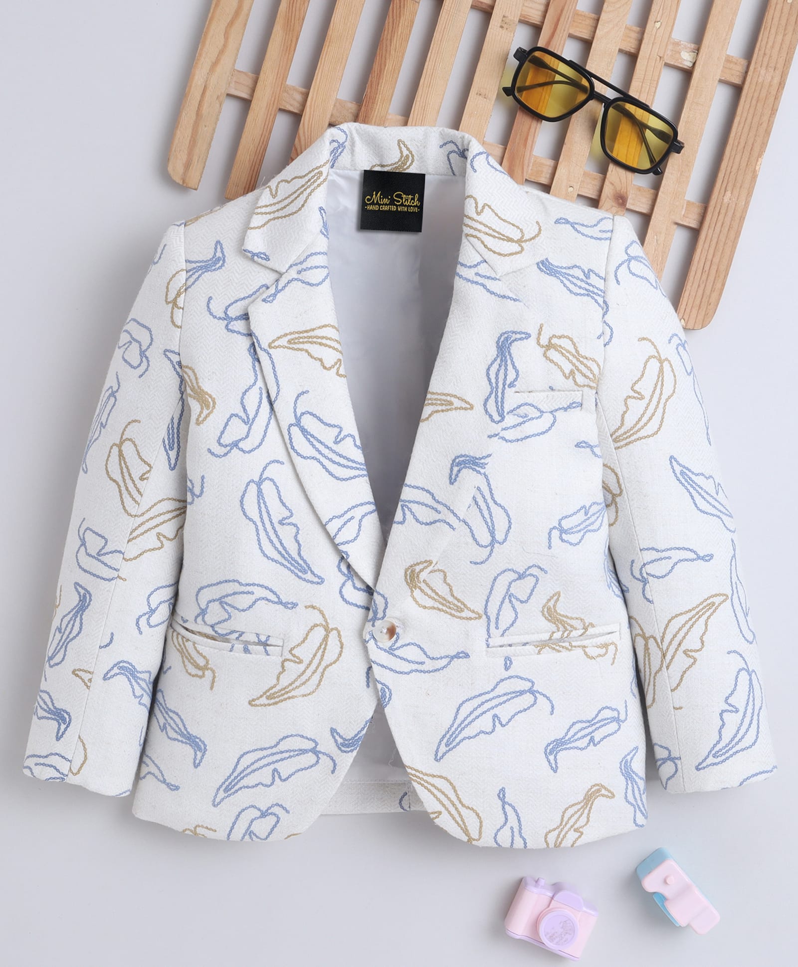 Ministitch Cotton Woven Full Sleeves Leaves Embriodered Blazer - Off White-image-4