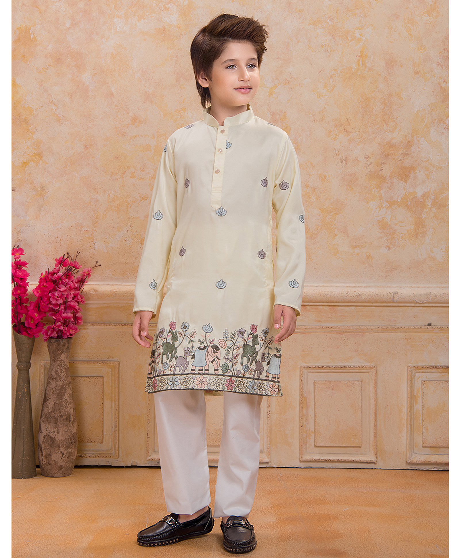 Ministitch Cotton Silk Woven Full Sleeves Animals & Floral Embroidered Kurta With Pyjama Set - Yellow-picture-18