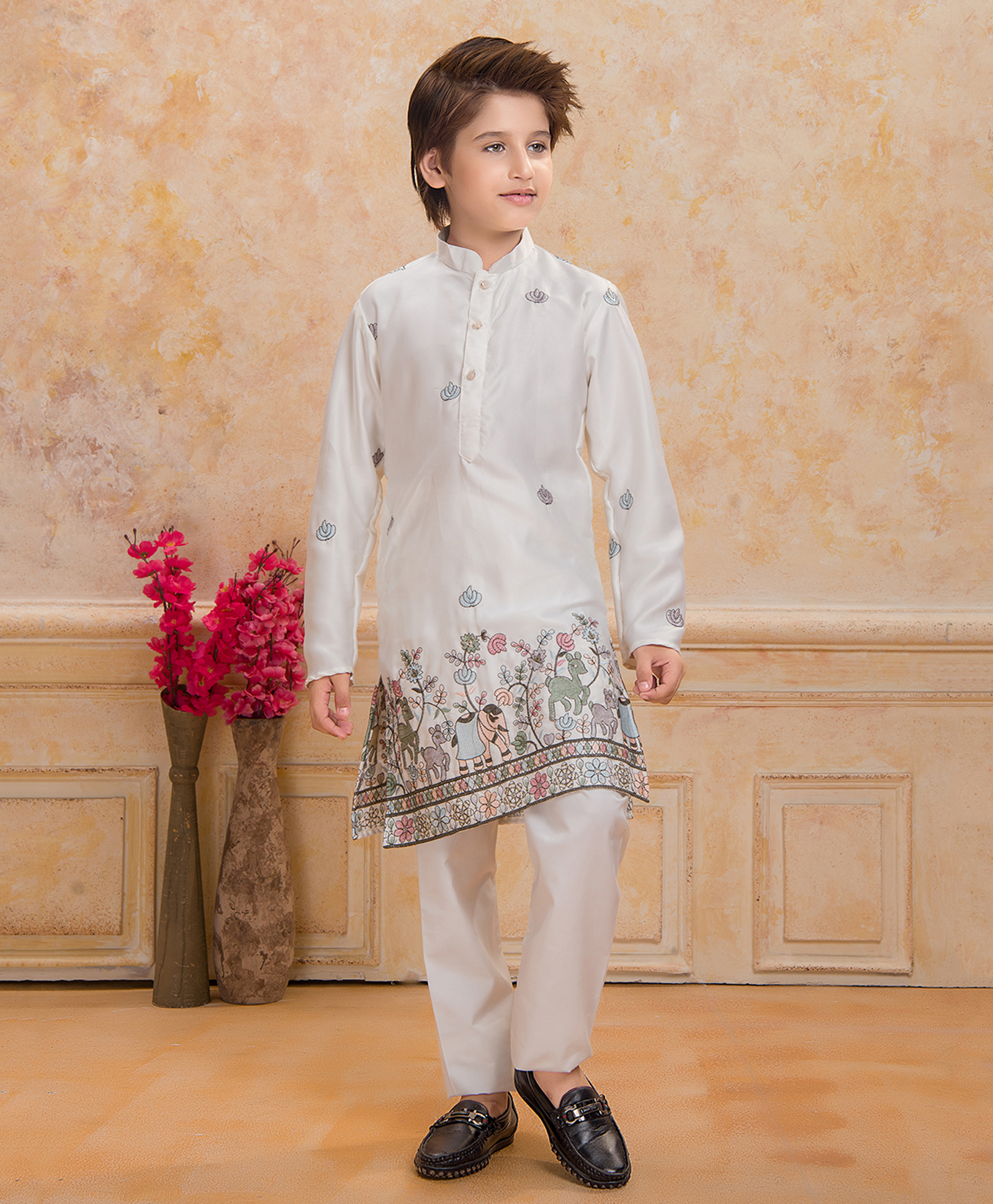 Ministitch Cotton Silk Woven Full Sleeves Animals & Floral Embroidered Kurta With Pyjama Set - White-picture-30