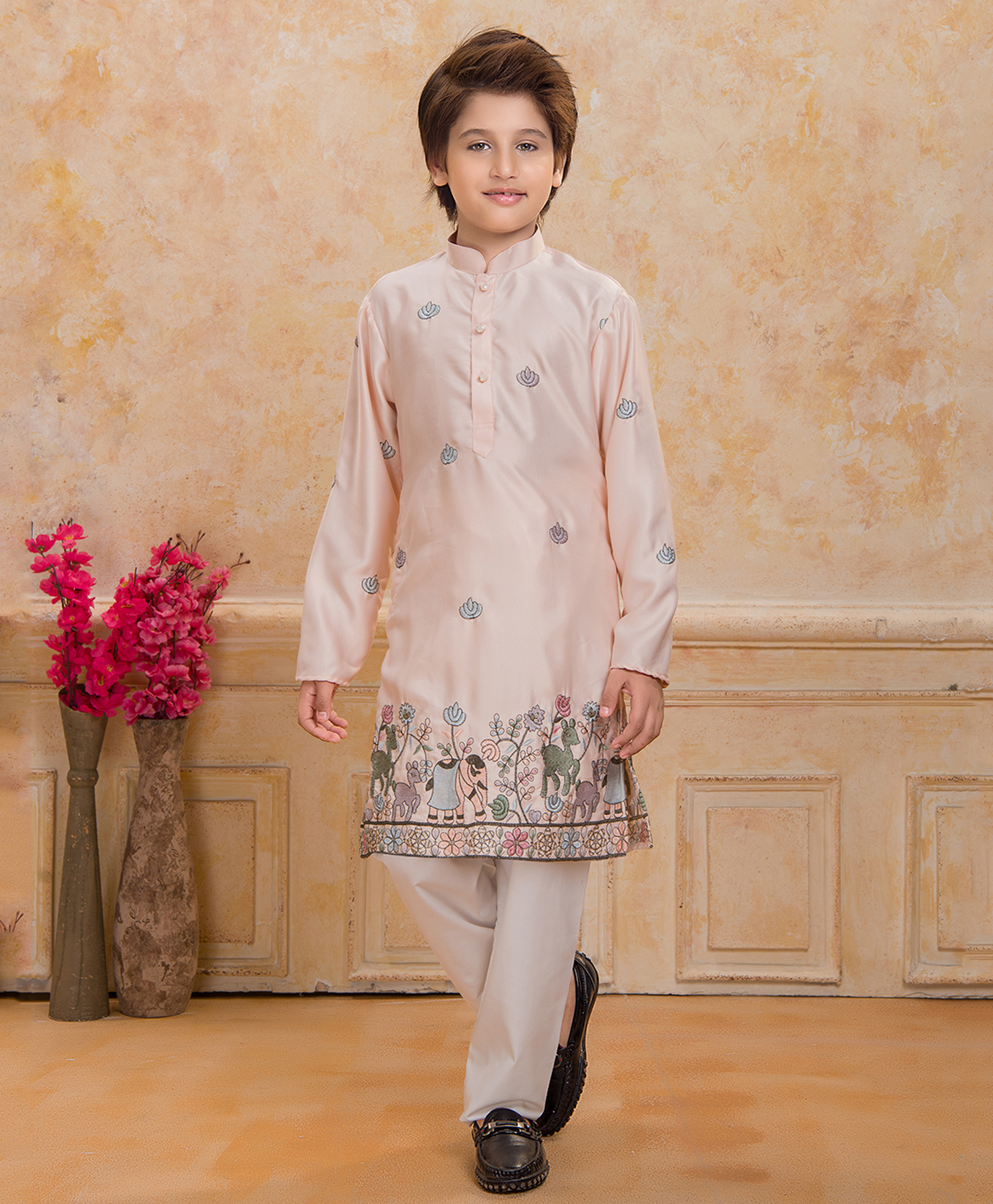 Ministitch Cotton Silk Woven Full Sleeves Animals & Floral Embroidered Kurta With Pyjama Set - Peach-picture-32