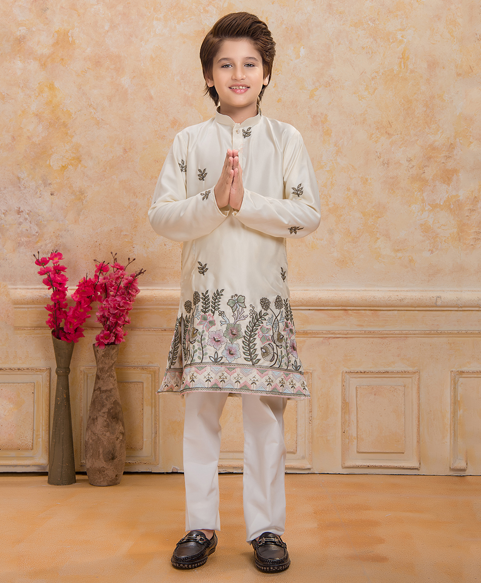 Ministitch Cotton Silk Woven Full Sleeves Floral & Leaves Embroidered Kurta & Pyjama Set - Cream-picture-29