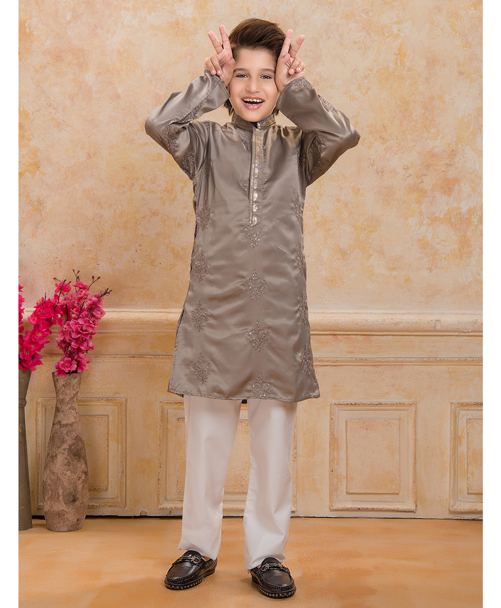 Ministitch Satin Woven Full Sleeves Abstract Design Embroidered Kurta & Pyjama Set - Olive Green-image-8