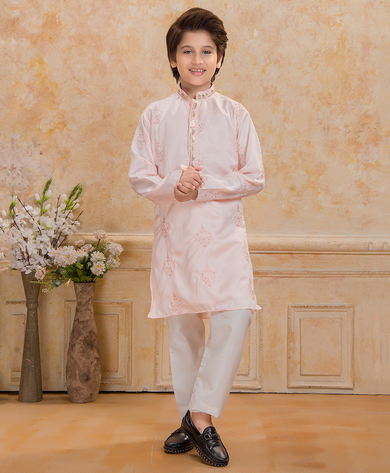 Ministitch Satin Woven Full Sleeves Abstract Design Embroidered Sequins Embellished Kurta & Pyjama - Peach-image-48