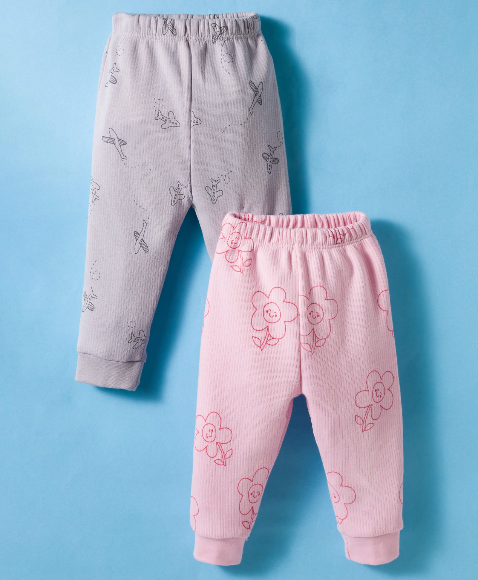 Pink Rabbit Knit Full Length Lounge Pant With Floral Print Pack Of 2 - Pink & Grey-image-34