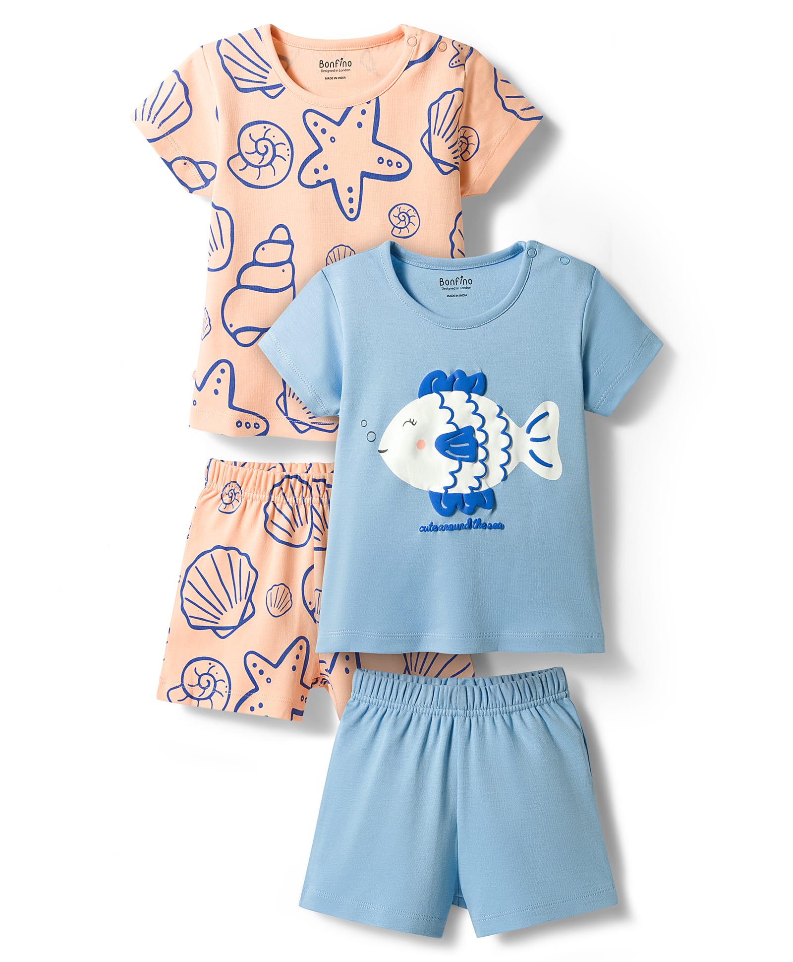 Bonfino 100% Cotton Knit Half Sleeves Sea Life Printed Co-Ords T-Shirt & Shorts Night Suit Pack Of 2 - Peach & Light Blue-picture-48