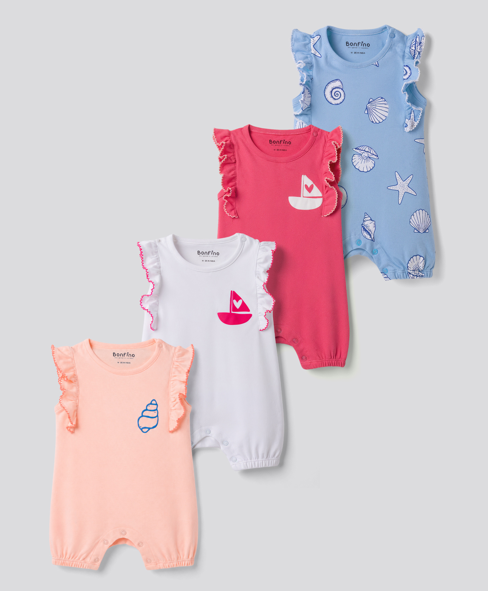 Bonfino 100% Cotton Knit Sleeveless Rompers with Sea Animals Print Pack of 4 - Multicolor-image-18