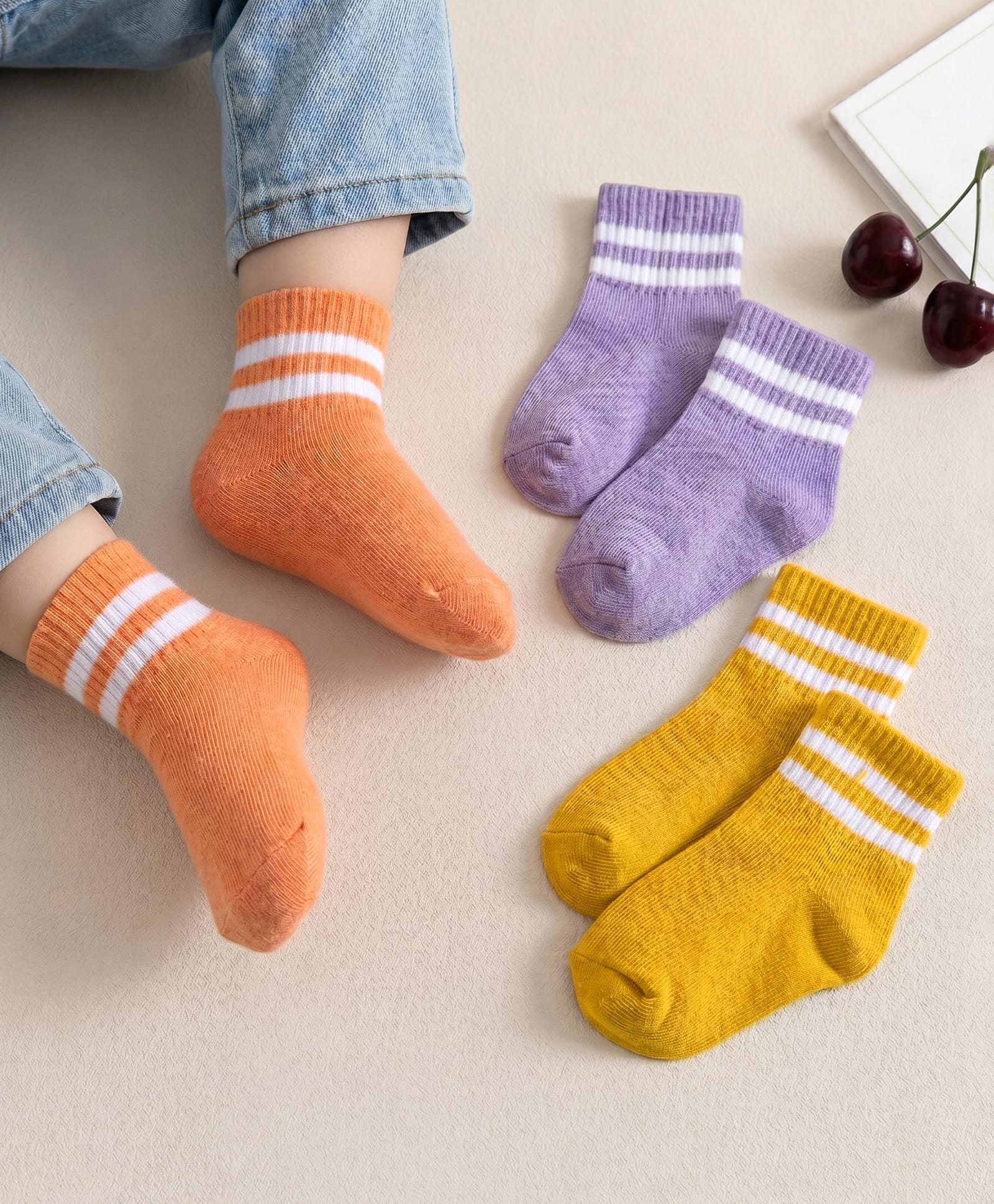 Cute Walk By Babyhug Knit Ankle Length Socks with Stripes Pack of 3 - Yellow Purple & Orange-image-49