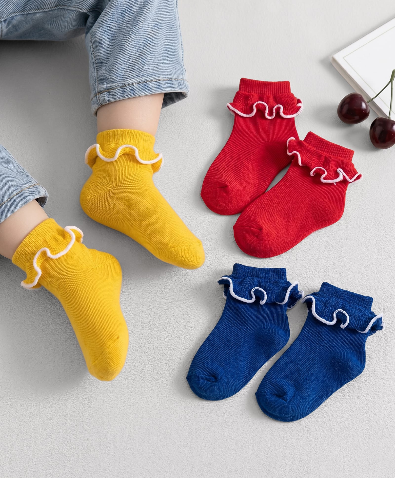 Cute Walk By Babyhug Ankle Length Solid Color Socks with Frill Detailing Pack of 3 - Red Blue & Yellow-image-14