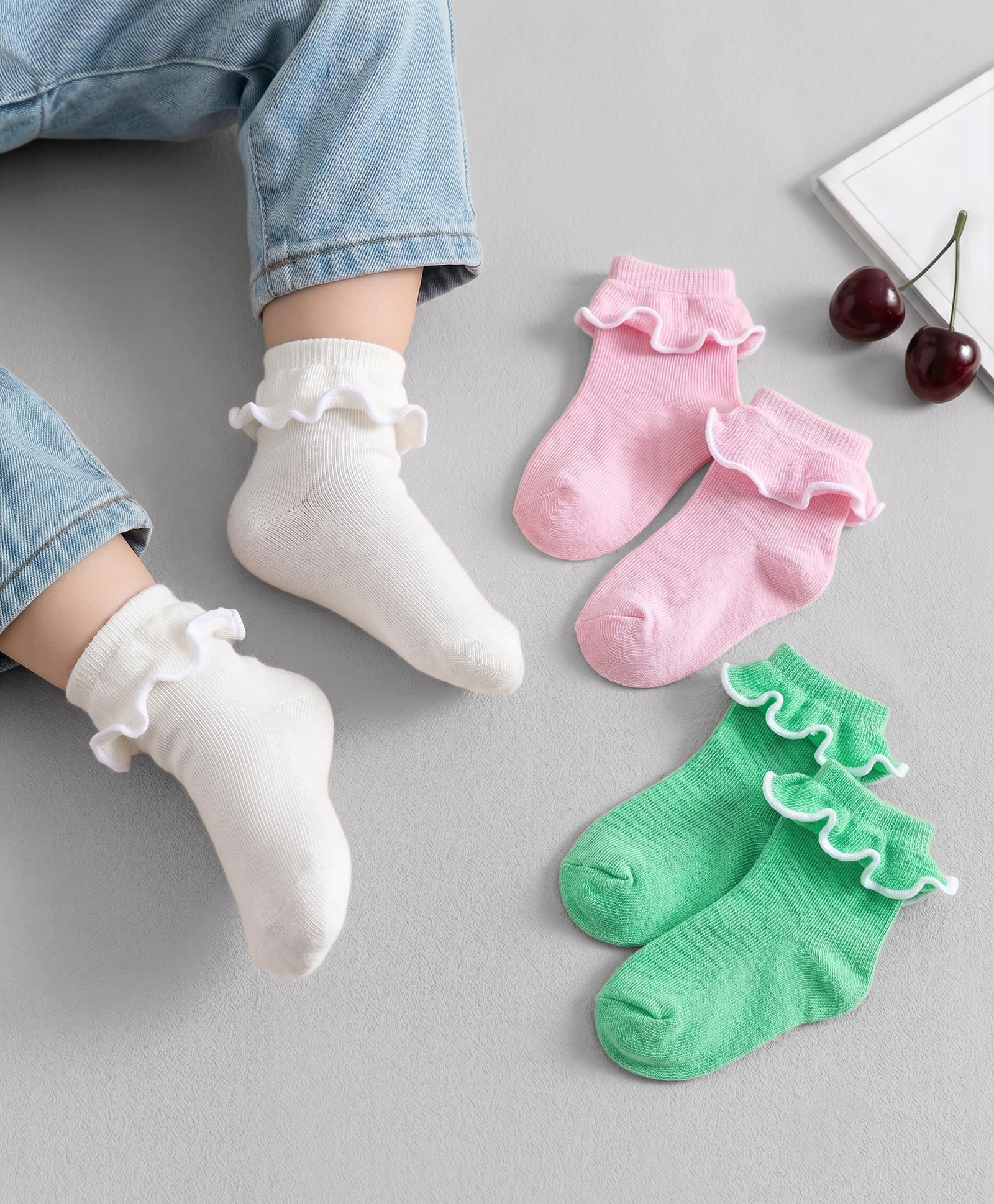 Cute Walk By Babyhug Ankle Length Solid Color Socks with Frill Detailing Pack of 3 - Green Pink & White-image-13