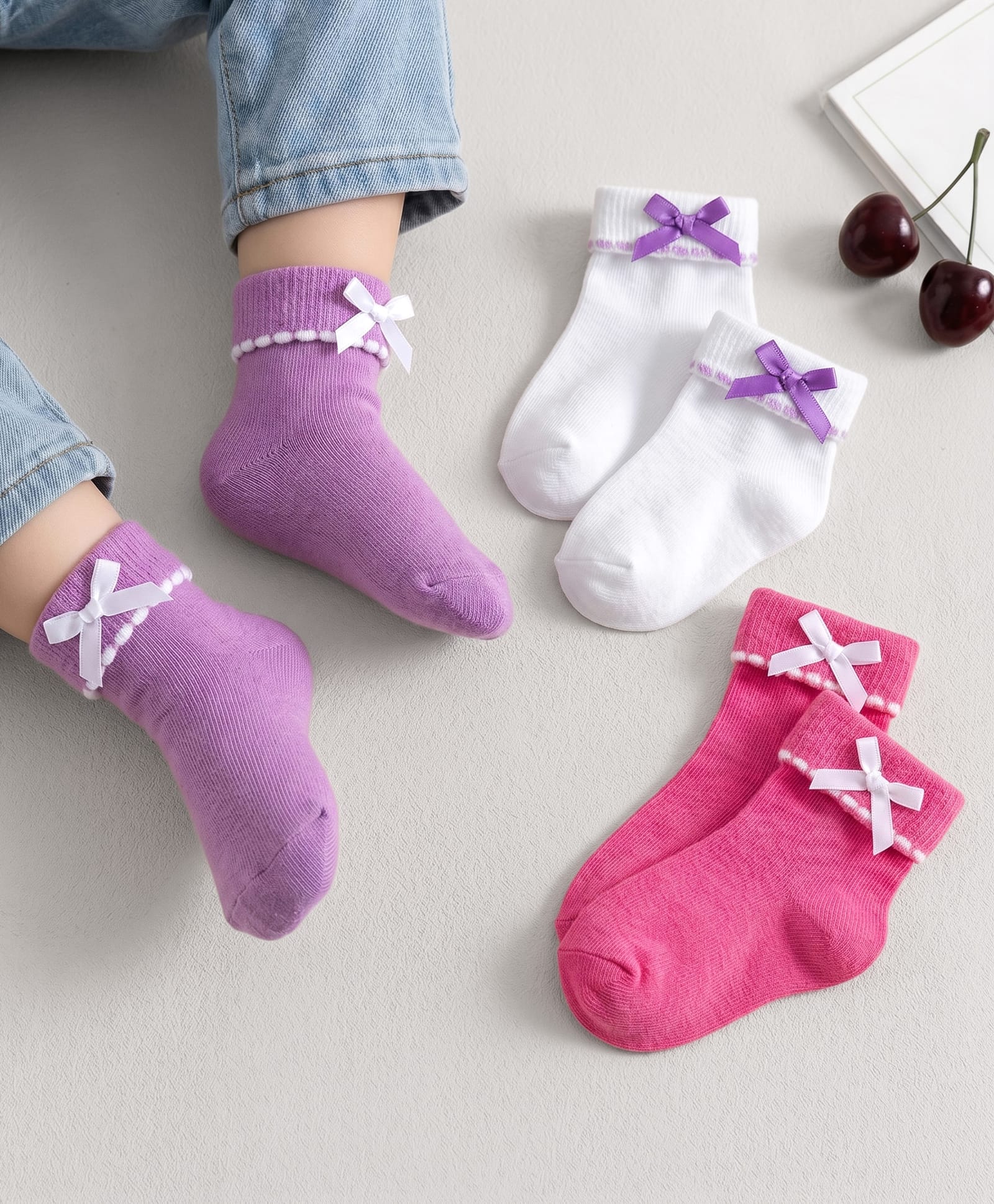 Cute Walk By Babyhug Ankle Length Solid Color Socks Pack of 3 - White Pink & Purple-image-33