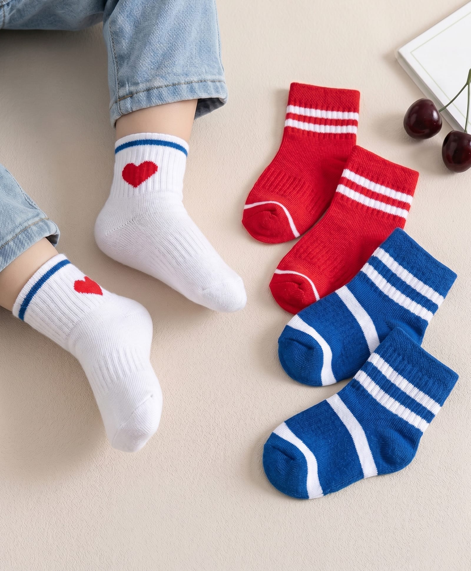 Cute Walk By Babyhug Ankle Length Solid Color Socks with Stripes Pack of 3 - Red White & Blue-image-46