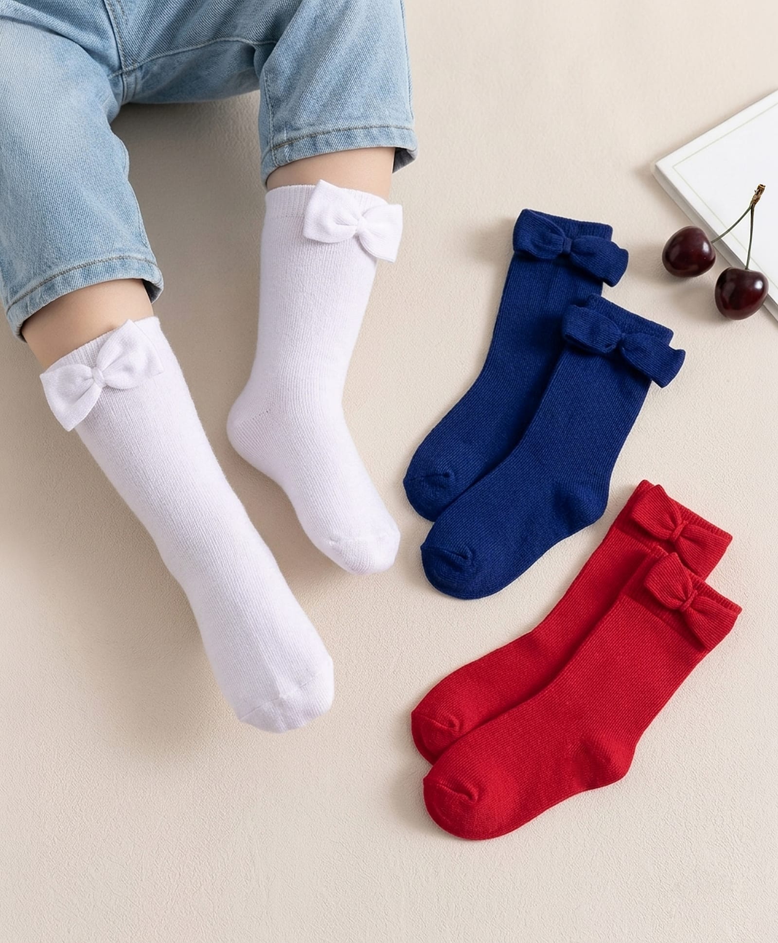 Cute Walk by Babyhug Ankle Length Solid Colour Socks with Bow Design Pack of 3 - Red White & Navy-image-39