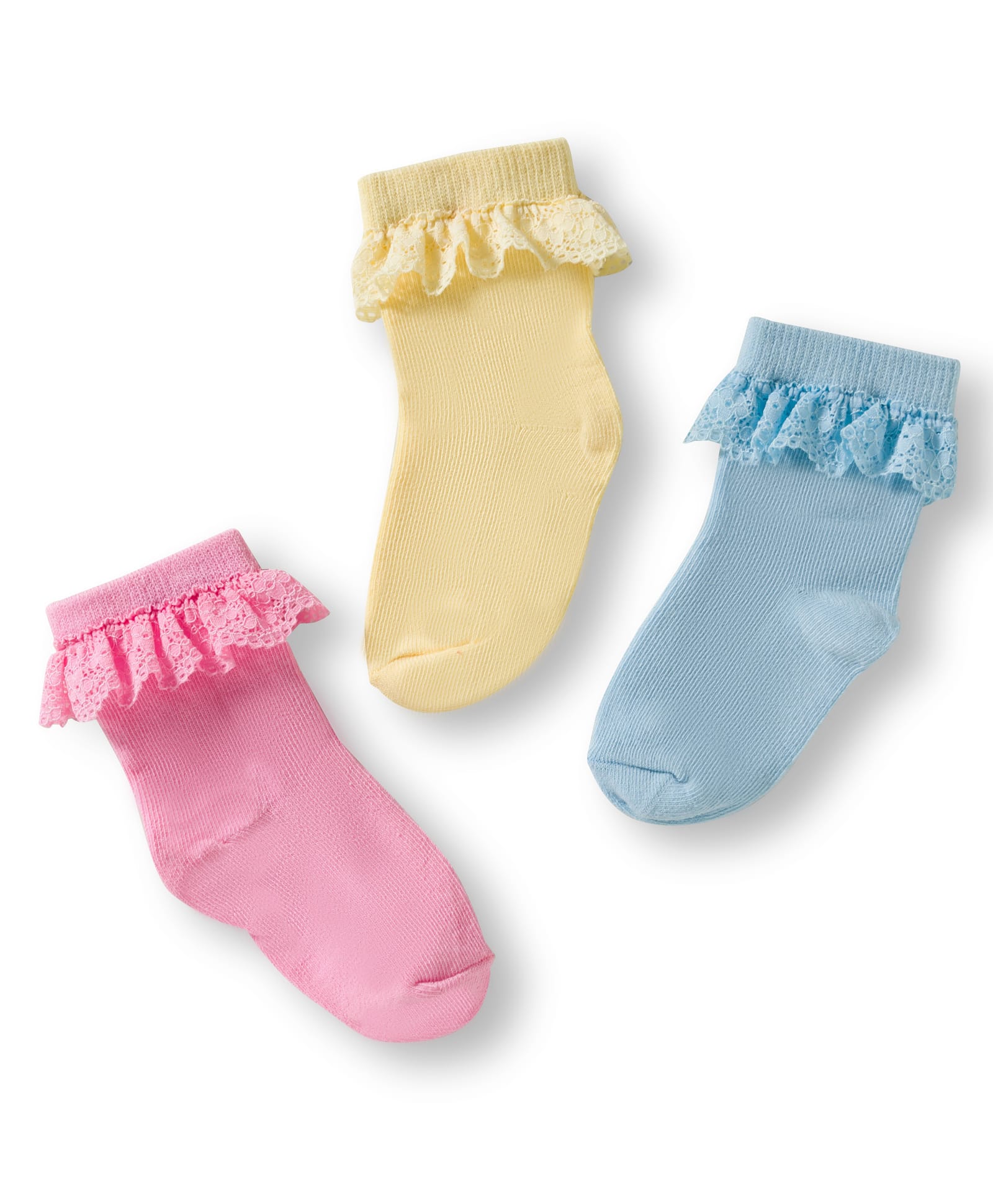 Cute Walk By Babyhug Ankle Length Solid Color Socks with Lace Detailing Pack of 3 - Yellow Light Blue & Pink