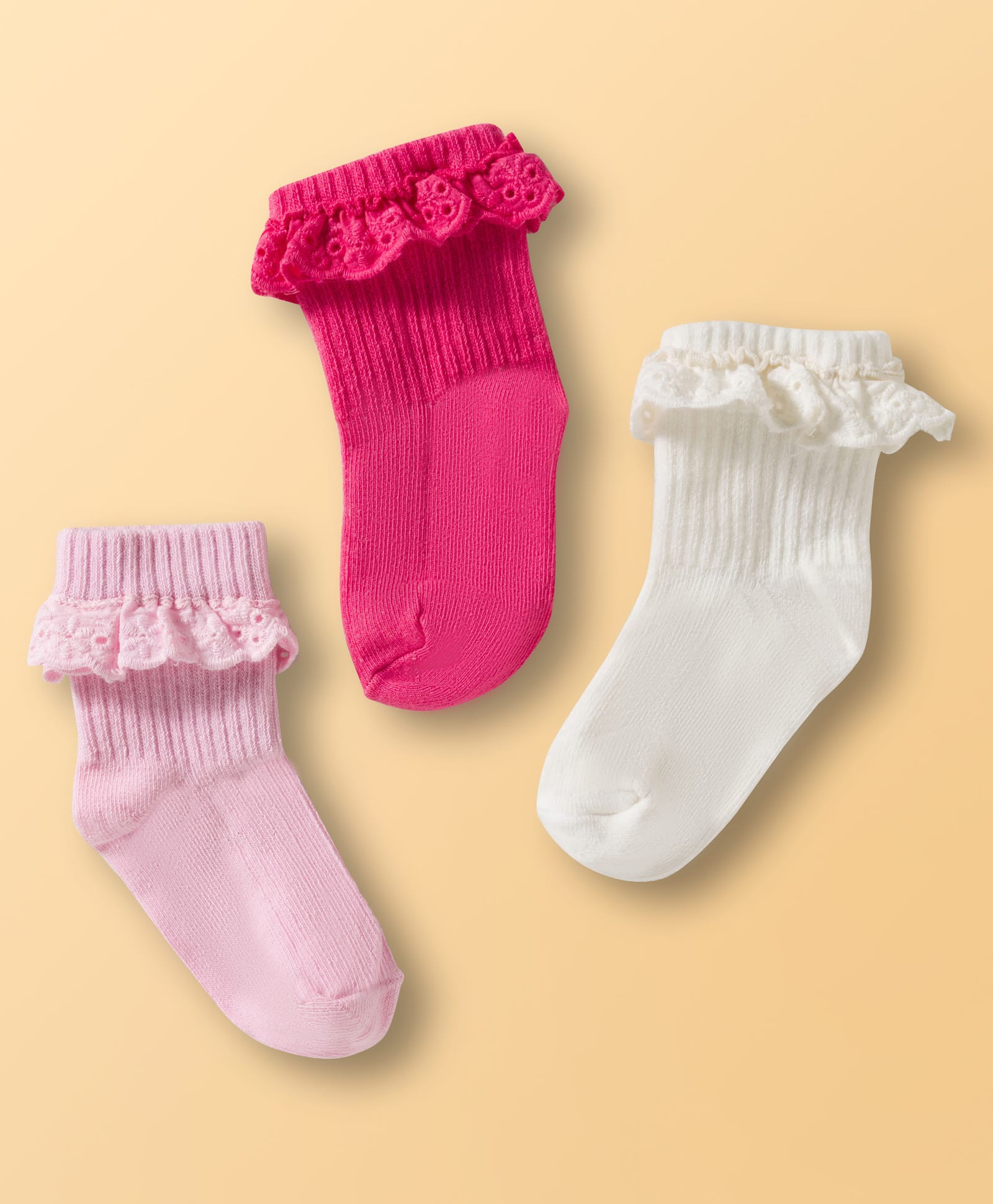 Cute Walk by Babyhug Ankle Length Solid Colour Socks with Lace Design Pack of 3 - Pink White & Red-image-23