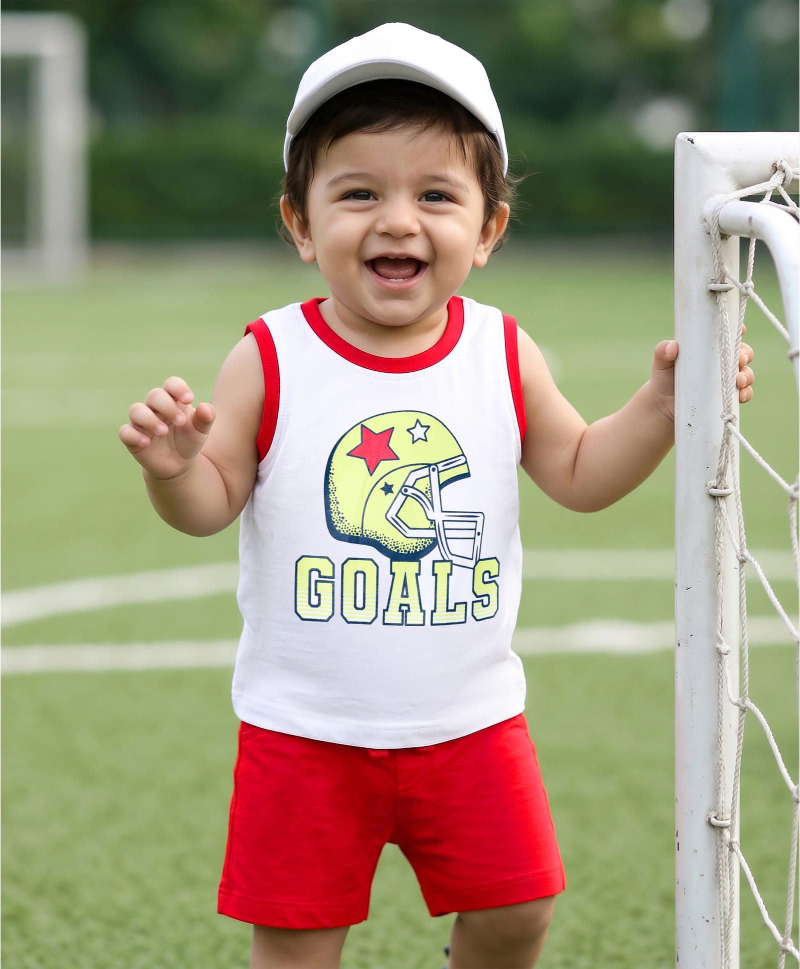 Doodle Poodle 100% Cotton Single Jersey Knit Sleeveless T-Shirt & Shorts Set With Text Print - White & Red-image-4