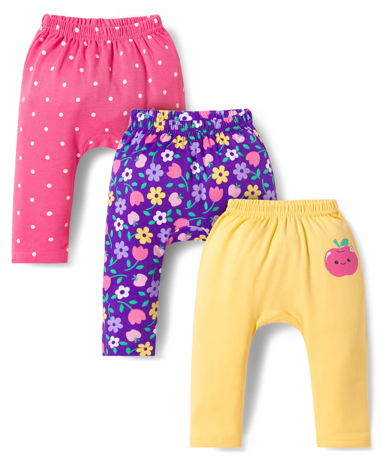 Babyhug Interlock Knit Full Length Diaper Leggings with Floral & Polka Dot Print Pack of 3 - Yellow Pink & Purple-image-12