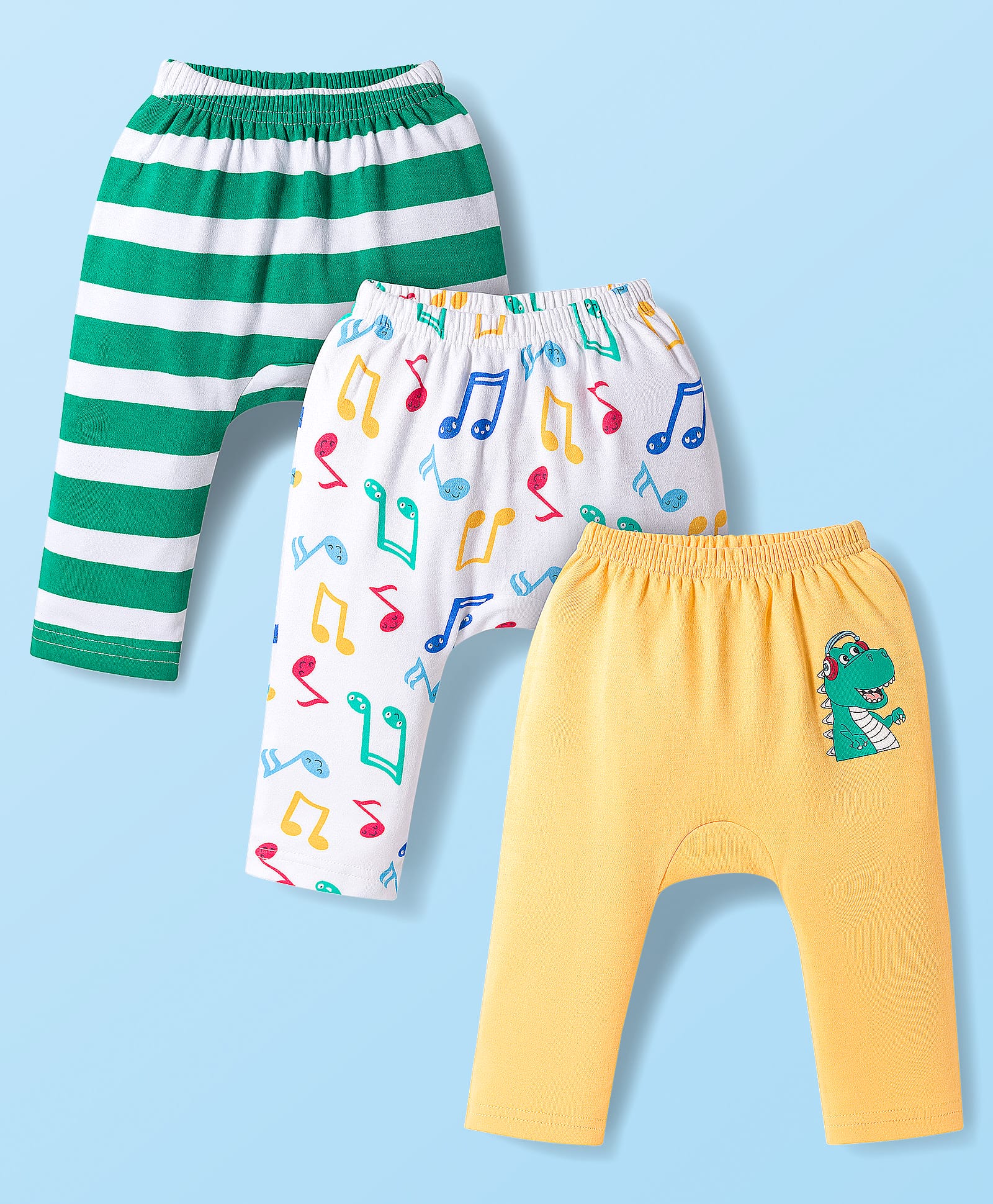 Babyhug Interlock Knit Full Length Diaper Leggings with Musical Print & Stripes Pack of 3 - Multicolor