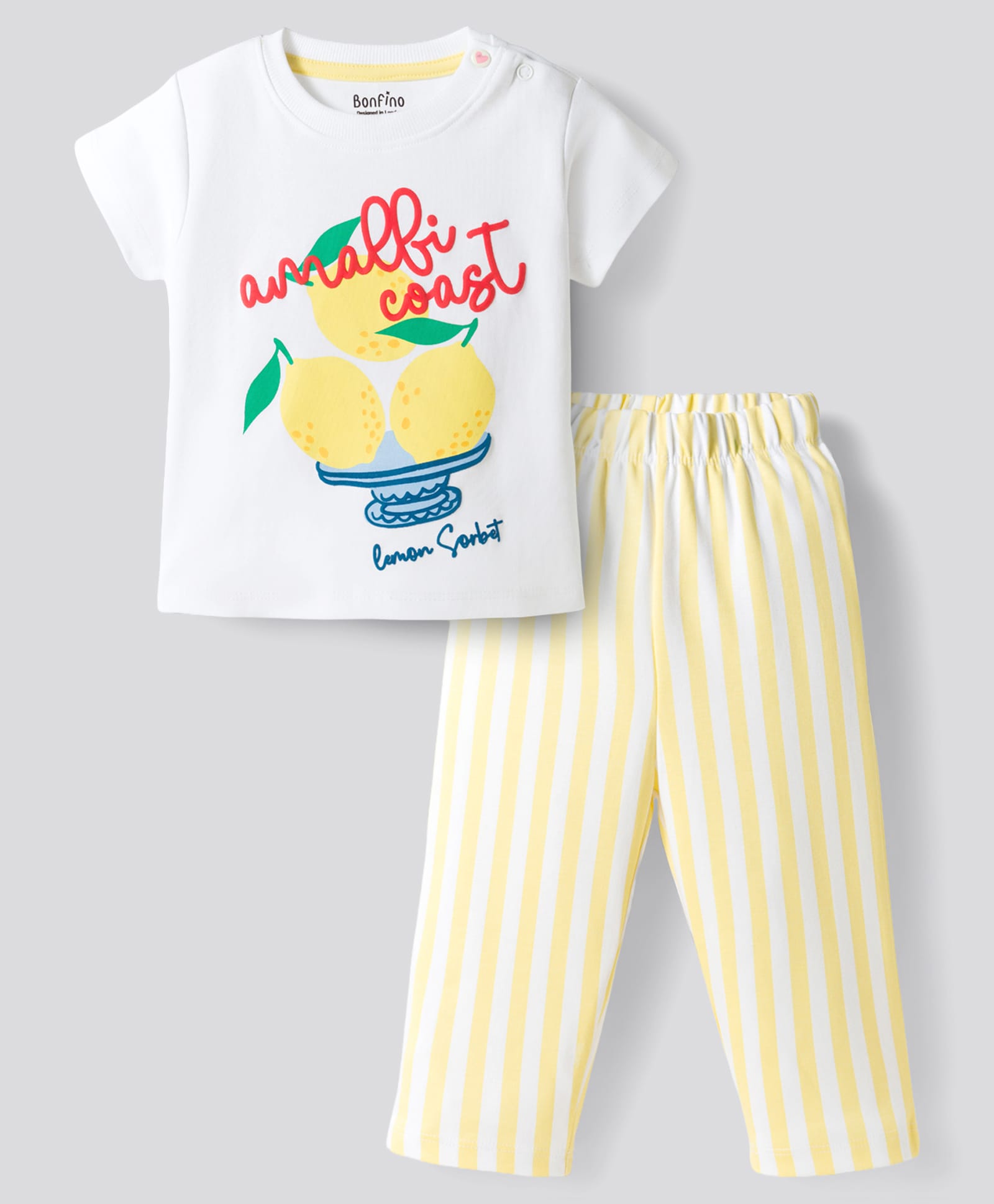Bonfino 100% Cotton Knit Half Sleeves T-Shirt & Pajama Night Suit with Lemon Print & Stripes - White-image-20