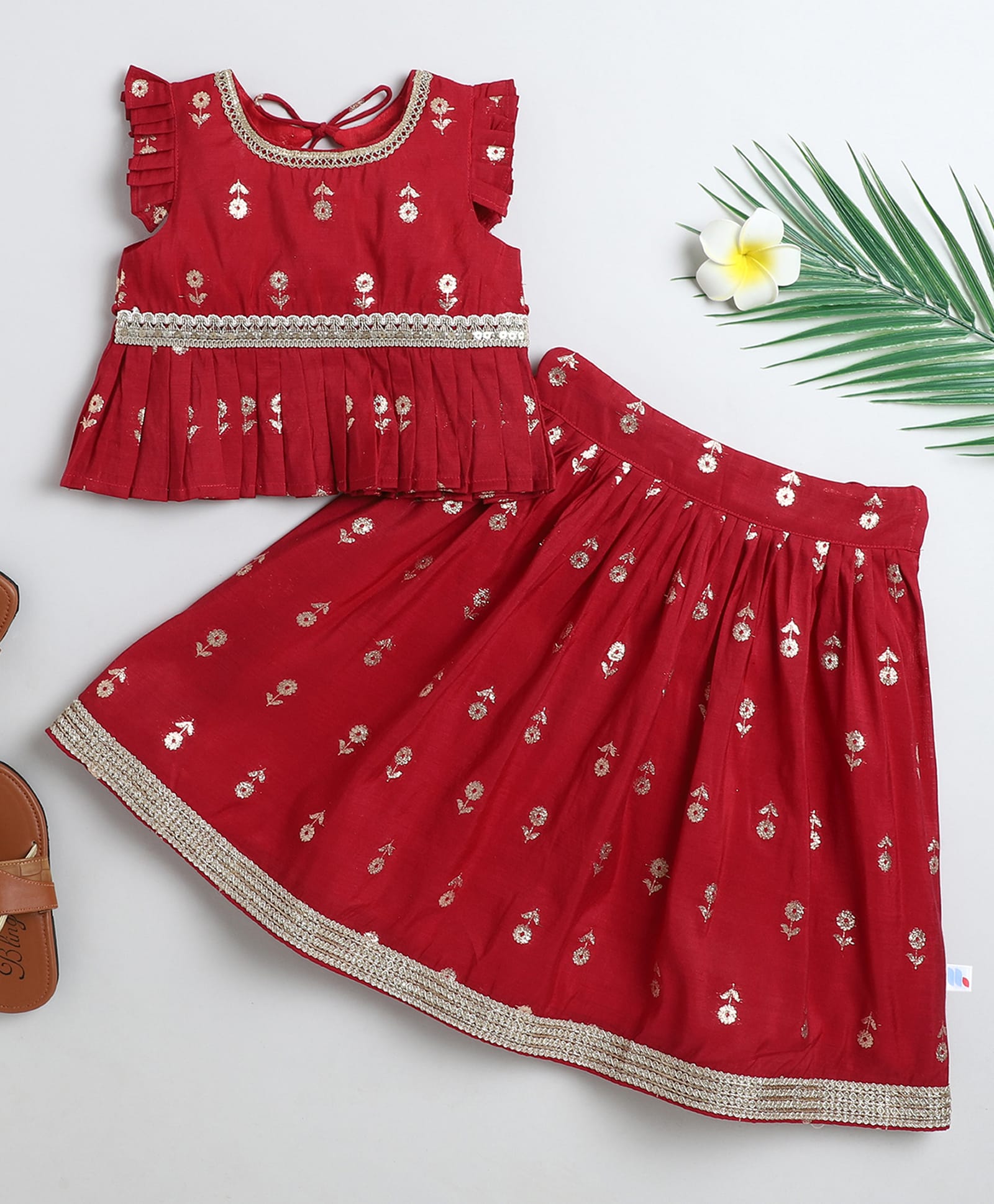 Many frocks & Cotton Modal Woven Frill Sleeves Floral Foil Printed Lace Embellished Lehenga Choli Set - Maroon-image-49