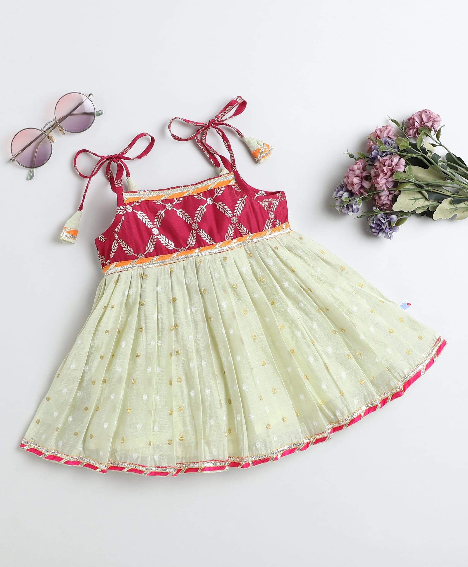Many frocks & Chanderi Woven Sleeveless Floral & Leaves Printed Lace Embellished Dress - Mint Green & Pink-image-24