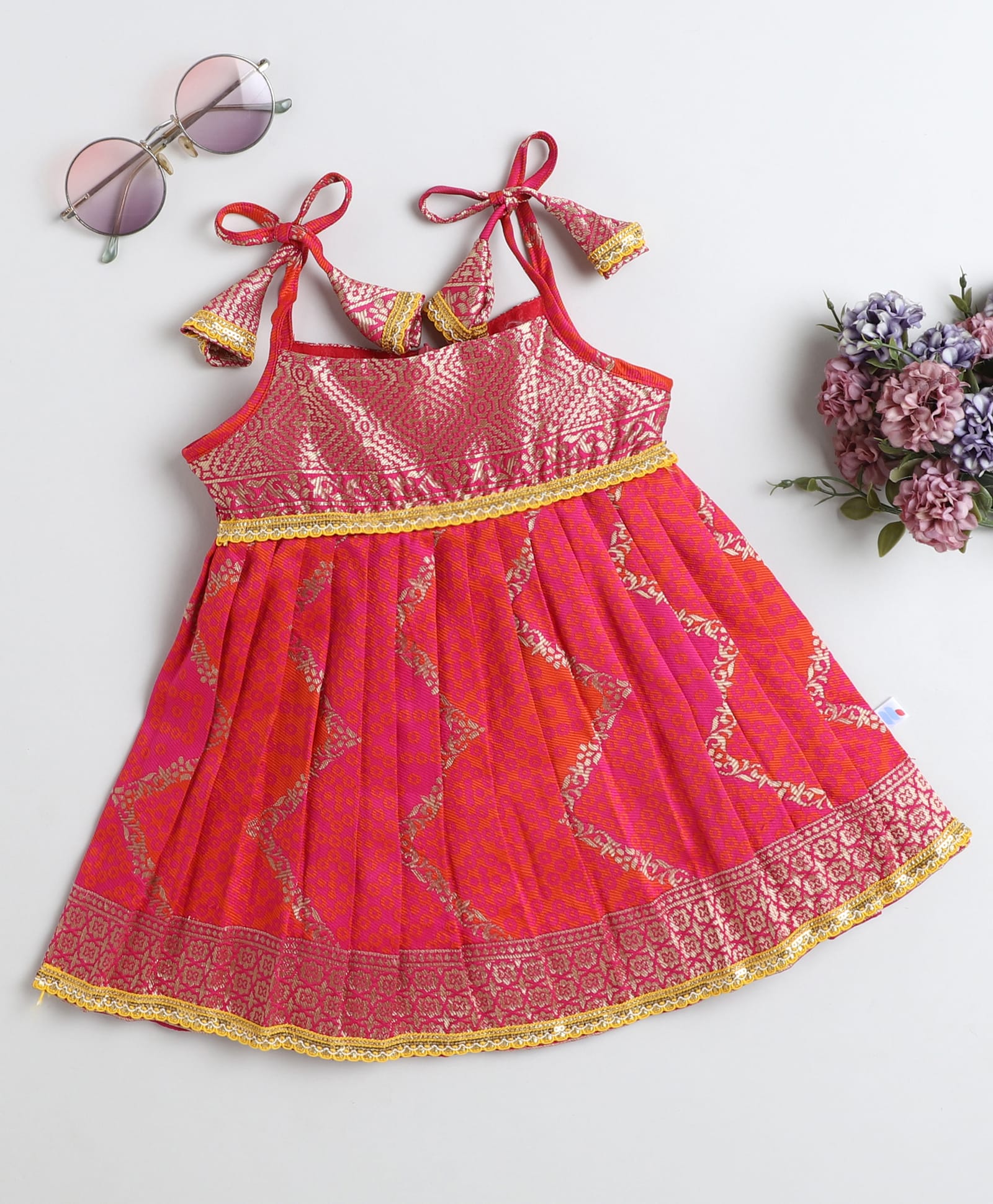 Many frocks & Blended Woven Sleeveless Lace Embellished & Abstract Embroidered Dress - Pink