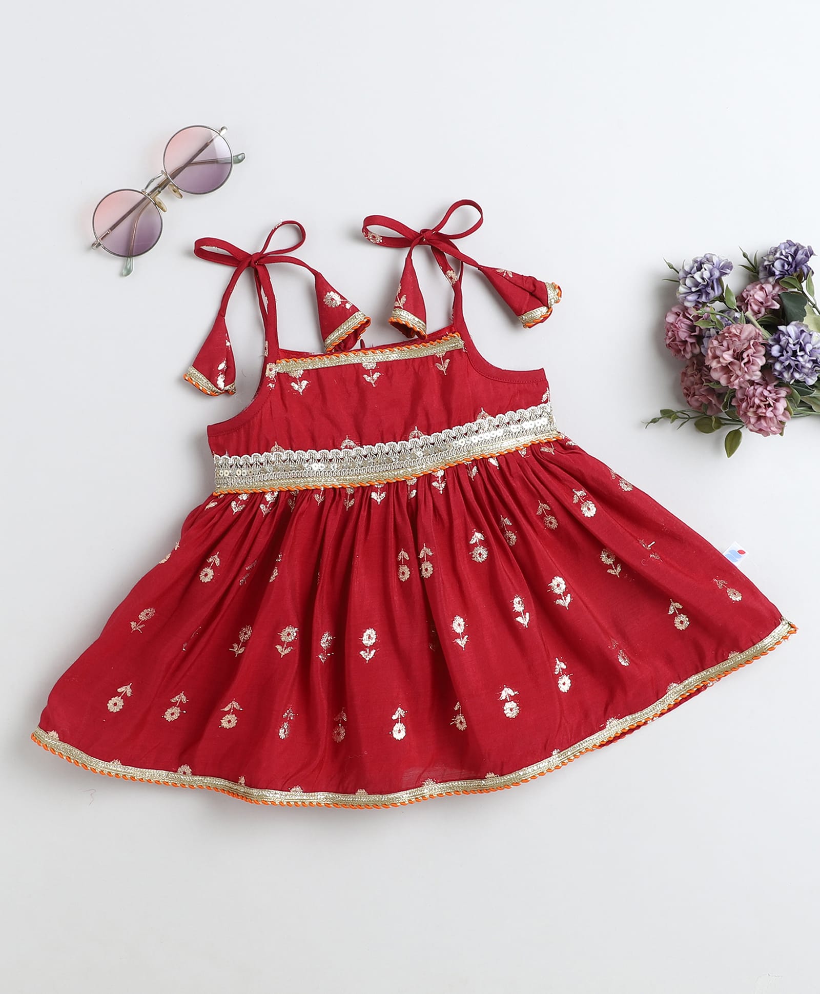 Many frocks & Cotton Modal Woven Sleeveless Floral Foil Printed Lace Embellished Dress - Maroon-image-25