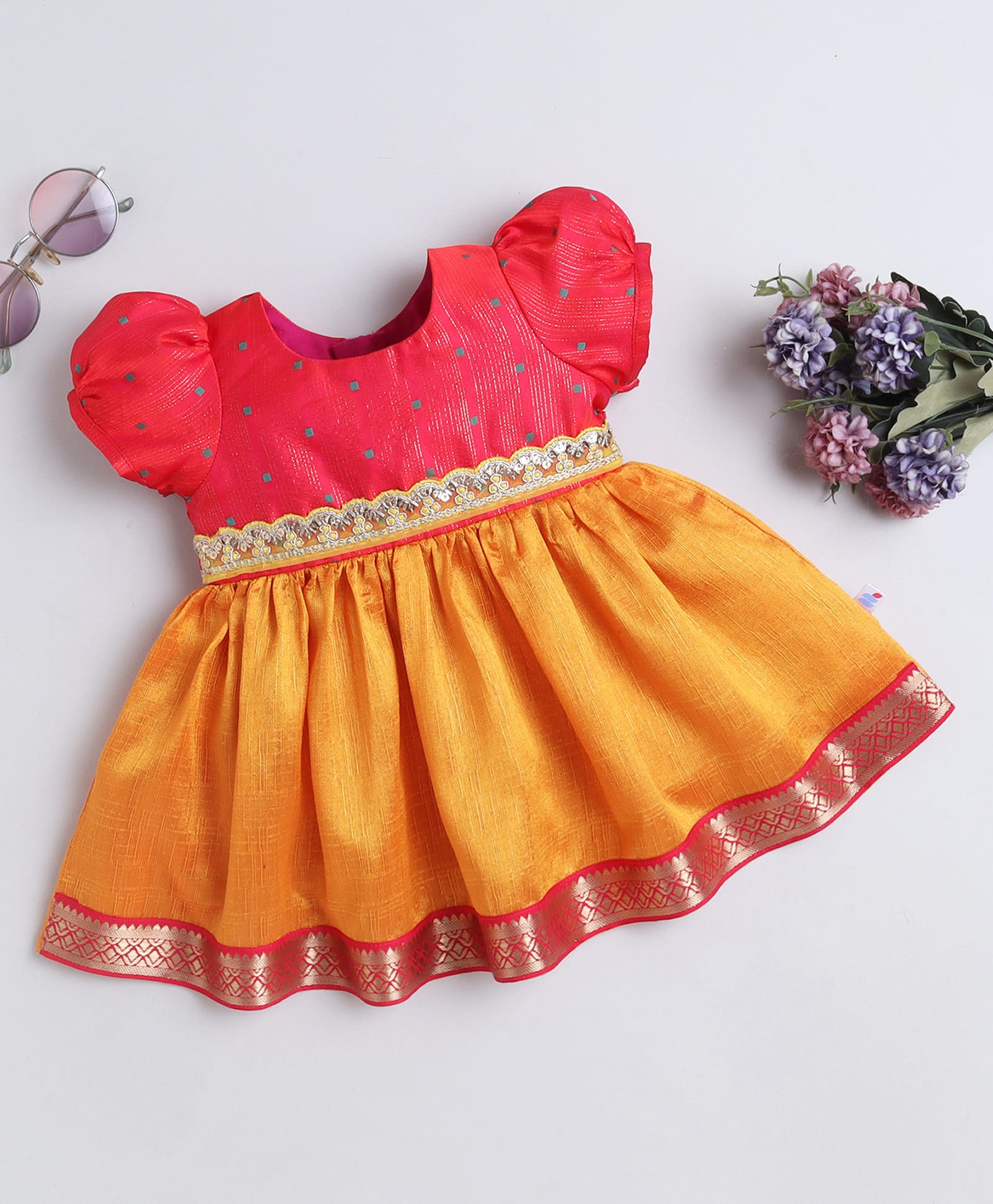 Many frocks & Blended Woven Half Puffed Sleeves Abstract Foil Printed Lace Embellished Dress - Yellow & Pink-image-14