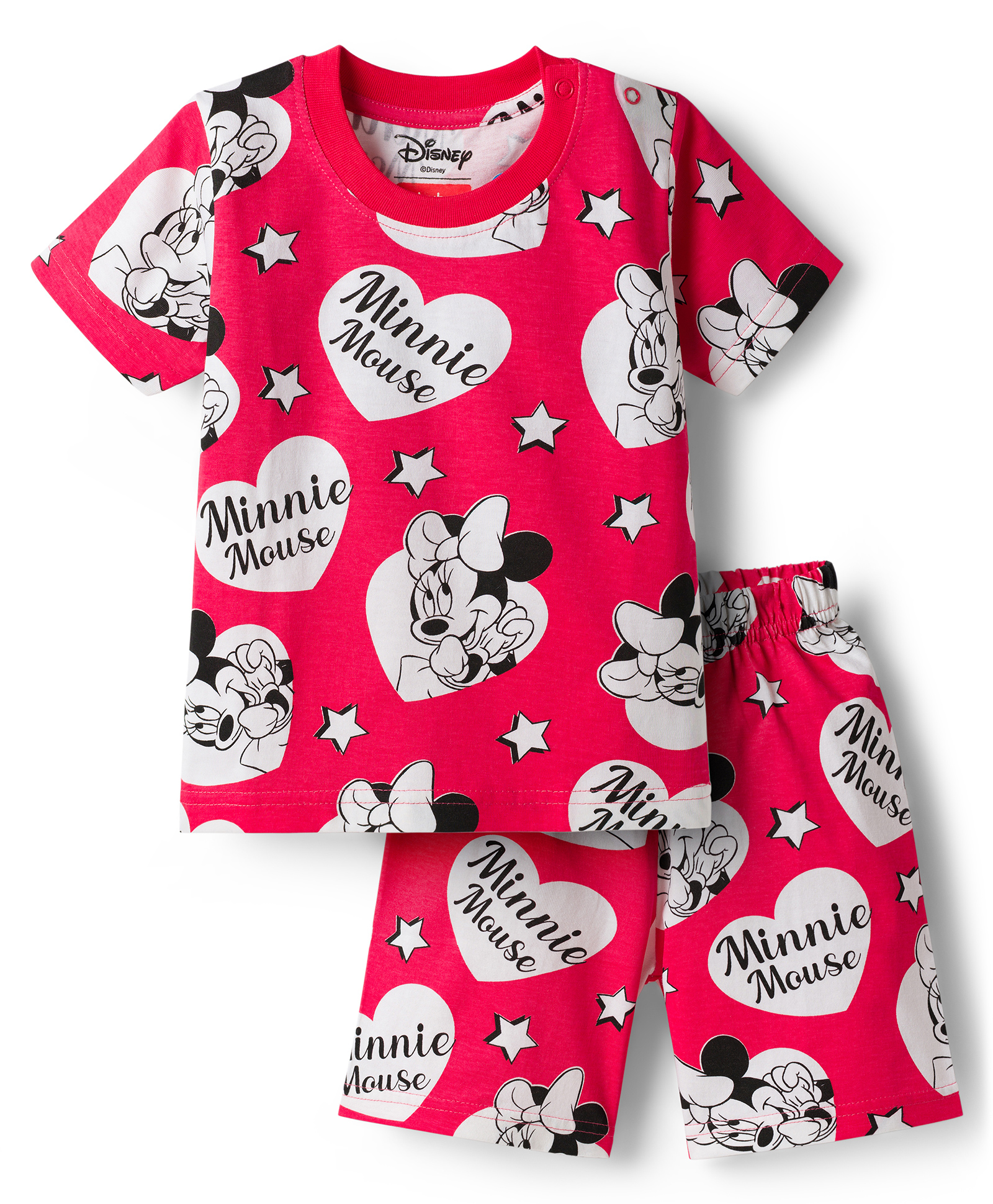 Babyhug Disney 100% Cotton Knit Half Sleeves Co-Ords T-Shirt & Shorts Night Suit With Minnie Mouse Print - Red