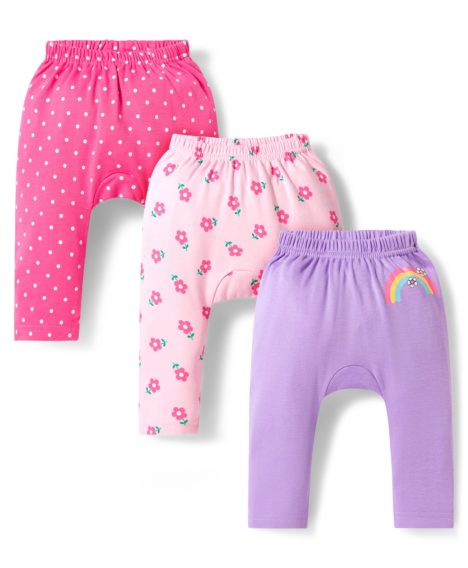 Babyhug Interlock Knit Full Length Diaper Leggings with Floral & Polka Dot Print Pack of 3 - Purple Dark & Light Pink